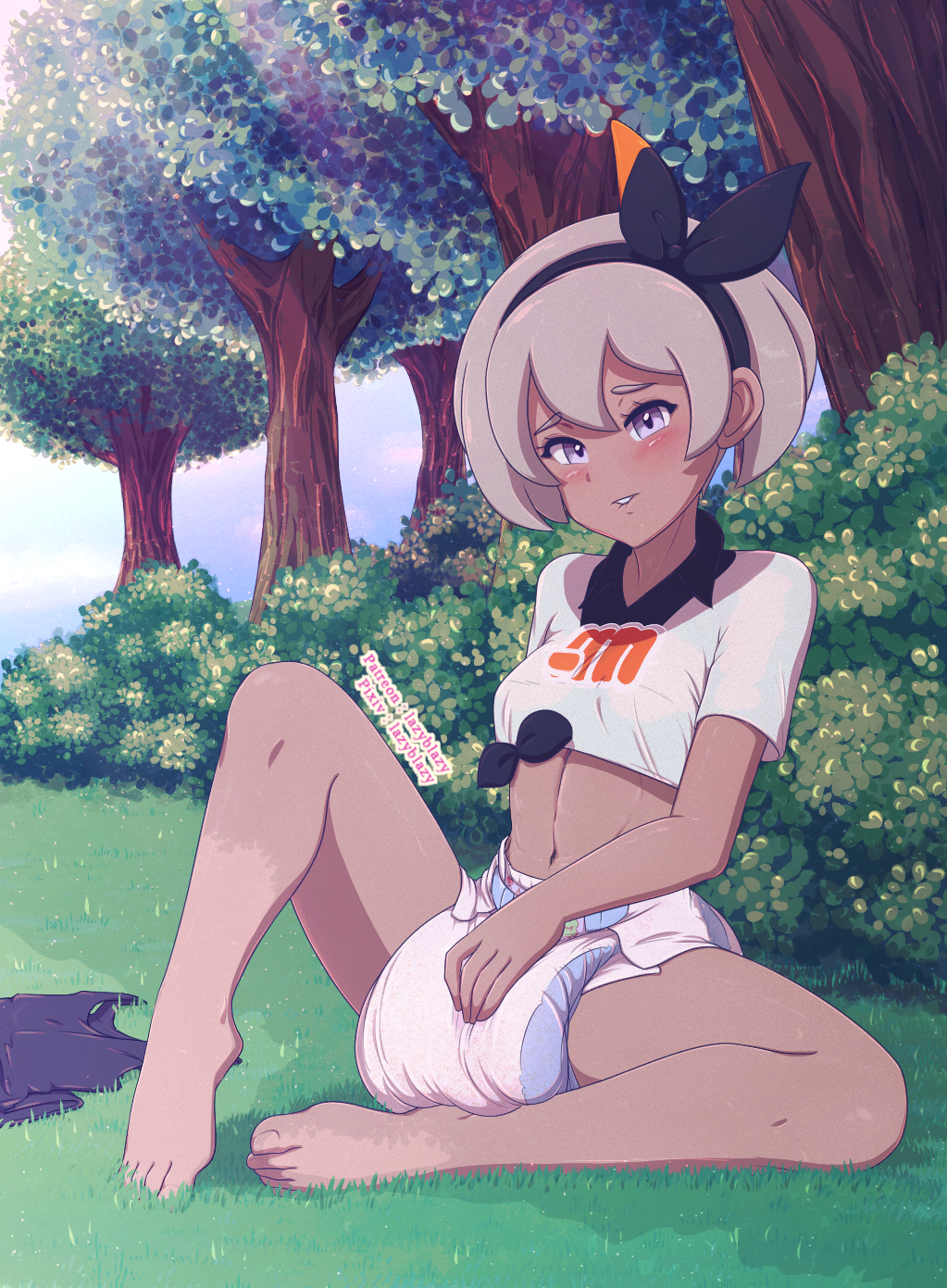 1girls athletic athletic_female bea_(pokemon) breasts bushes clouds diaper fit fit_female forest grass grey_hair hairband hand_on_diaper in_shade lazyblazy lazyblazy_(artist) midriff navel nintendo outside pokemon pokemon_ss purple_eyes shirt short_hair shorts shorts_removed sitting sky small_breasts tied_shirt trees white_shirt