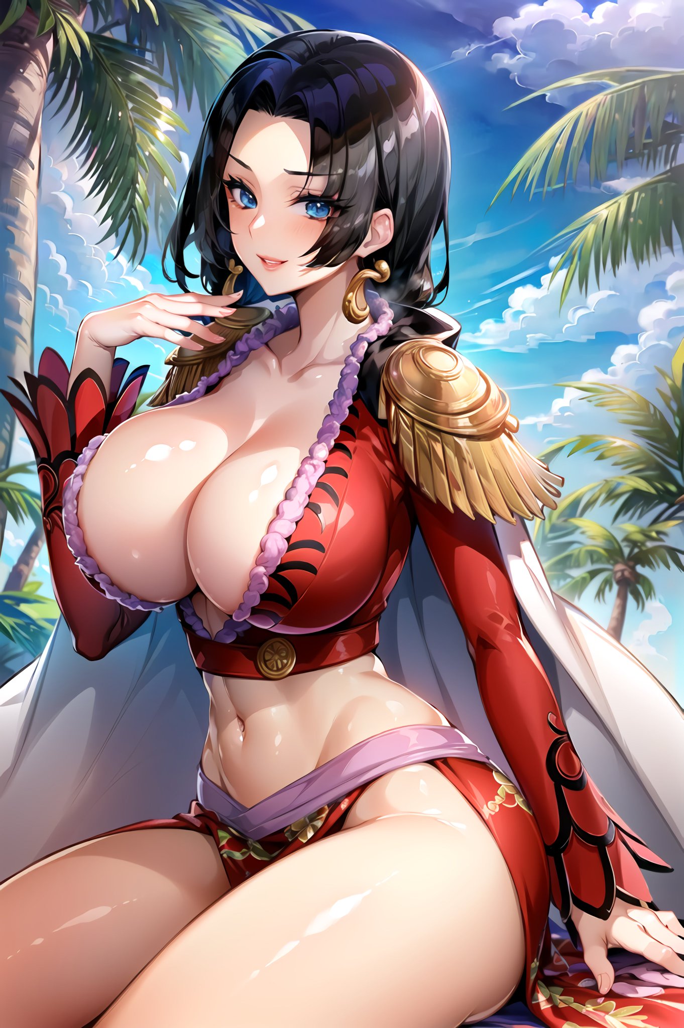 ai generated, artist request, black hair, boa hancock, breasts, curvy female, curvy figure, female, female focus, female only, huge breasts, looking at viewer, one piece, solo, solo female, stable diffusion, voluptuous female