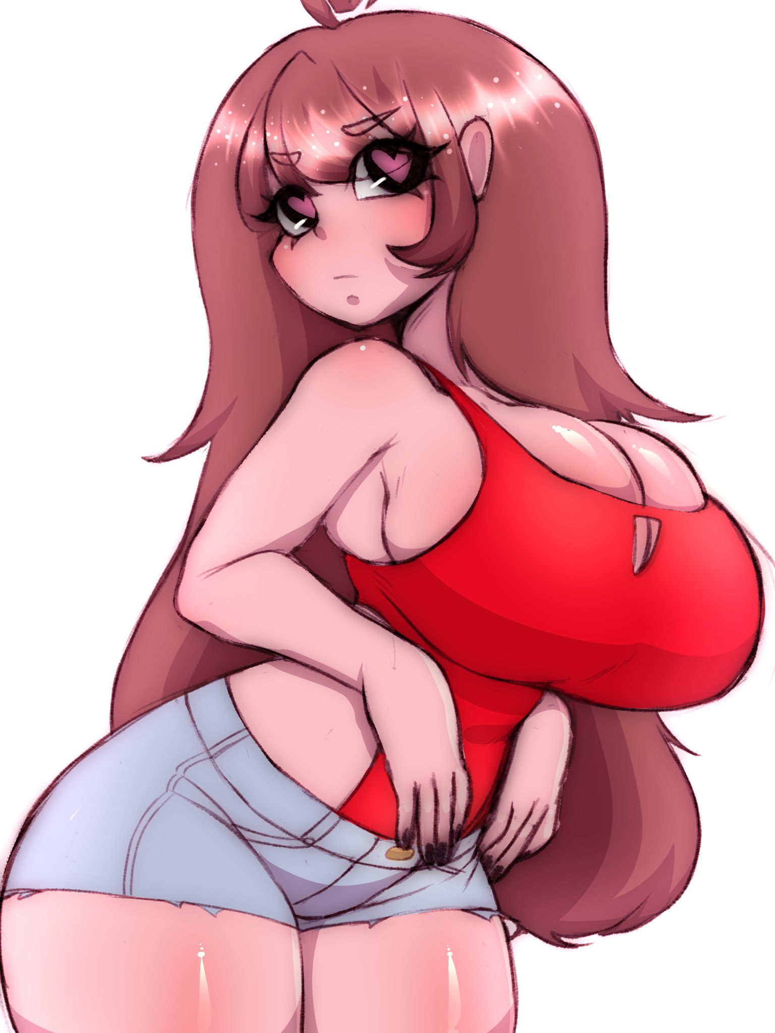 1girls, 5hitzzzu, big breasts, black nails, blue shorts, boombita, breasts, brown hair, female, friday night funkin, funcu, funculicious, girlfriend (friday night funkin), heart-shaped pupils, jean shorts, long hair, meatcuteshii, pinkbobatoo, red clothing, sideboob, simple background, skiddioop, soft shading, solo female, solo focus, stereodaddy, tank top, thick thighs, thighs, white background