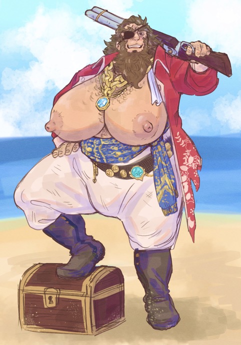 1boy beach beard big_breasts big_nipples breast_focus breasts breasts_out brown_hair bulge busty_boy dilf double-barreled_shotgun eyepatch facial_hair gay gun hairy hand_on_hip jewelry juicestandmango male_breasts male_only male_tits male_with_breasts musket necklace ocean pink_nipples pirate rifle shotgun solo solo_male treasure treasure_chest treasured_chest