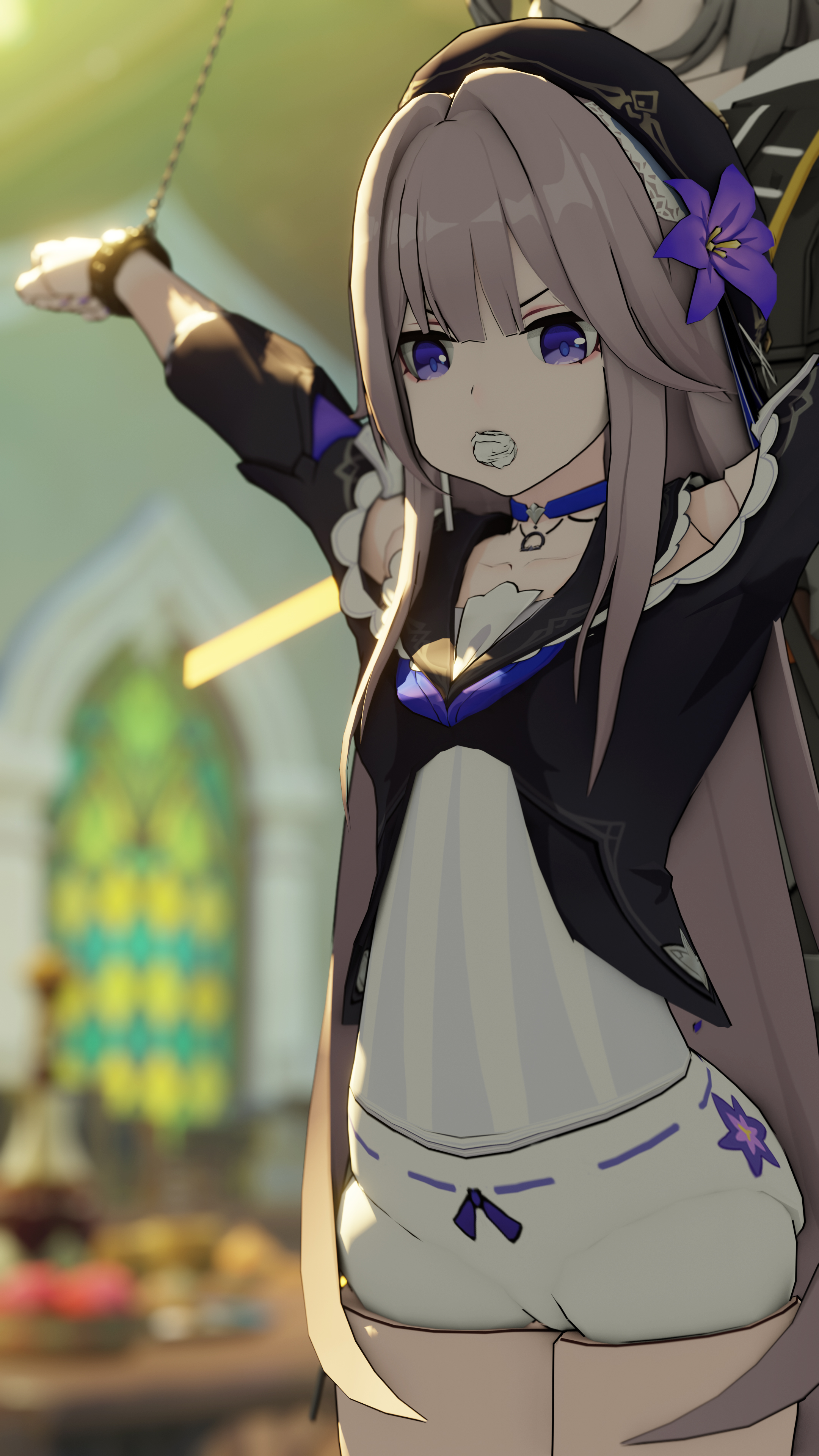 blue eyes, bondage, bound, bound wrists, brown hair, chained, chained up, chained wrists, female, flower in hair, gag, gagged, herta (honkai: star rail), honkai: star rail, male, panty gag, restrained, solo, solo female, stuffed mouth gag, unseen male face