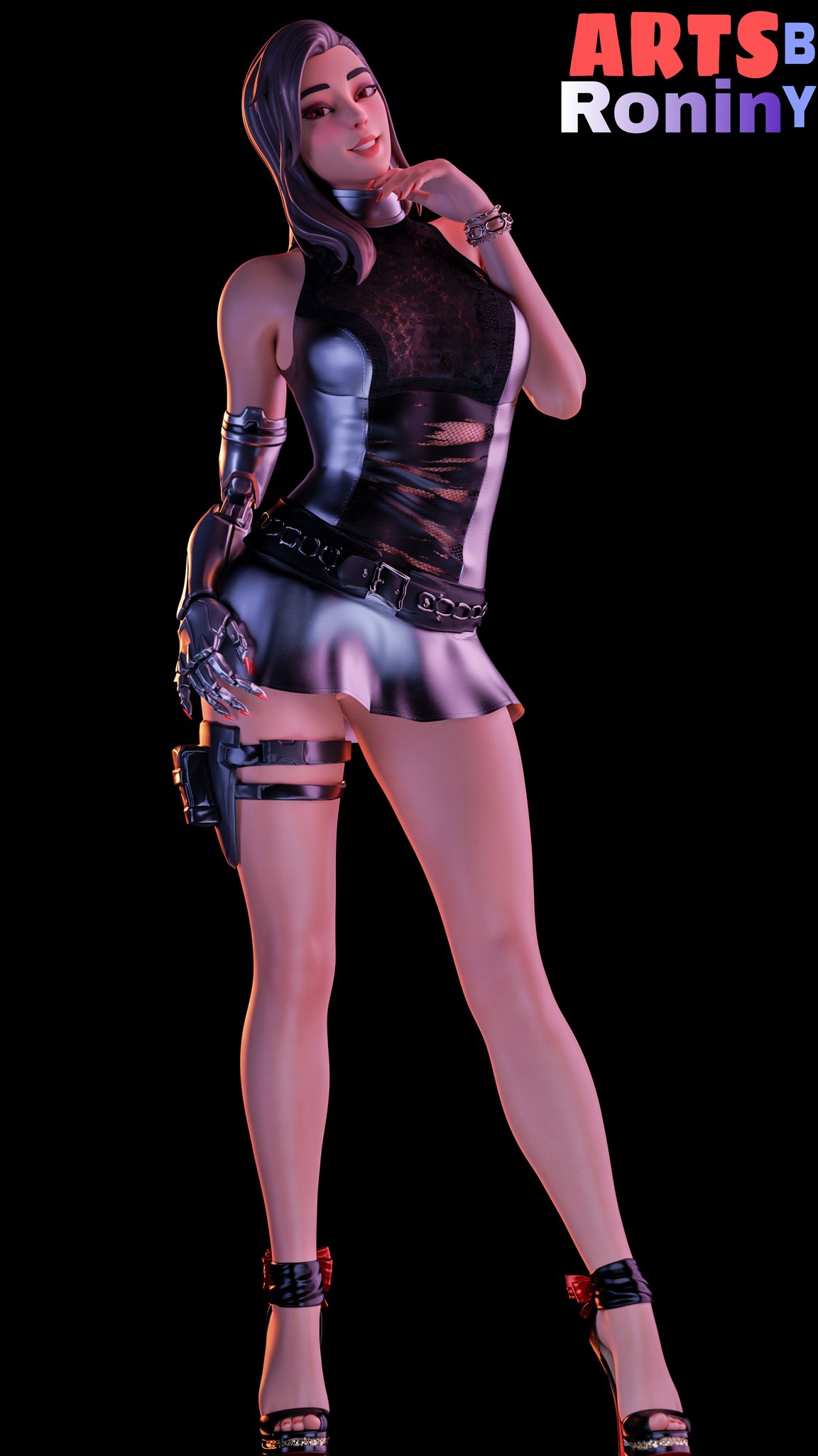 1girls 3d alternate_version_available artsbyronin black_background black_hair blender bottomwear breasts clothed clothing demi_(fortnite) dress epic_games female female_focus female_only fortnite grey_dress high_heels light-skinned_female light_skin long_hair looking_at_viewer medium_breasts pose posing prosthetic prosthetic_arm robotic_arm shoes simple_background skirt smile smiling solo solo_focus standing thick_thighs topwear watermark