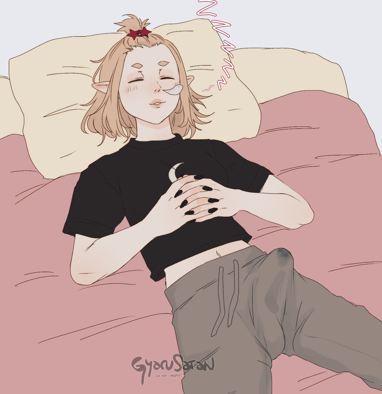 1futa, bed, black fingernails, blonde hair, closed eyes, clothing, erection, erection under clothes, futanari, gyarusatan, hi res, interlocked fingers, intersex, lying, lying on back, lying on bed, male, male only, nose bubble, on bed, pointy ears, precum through clothing, scarlet (gyarusatan), sleeping, solo, tied hair, trans woman, transfem