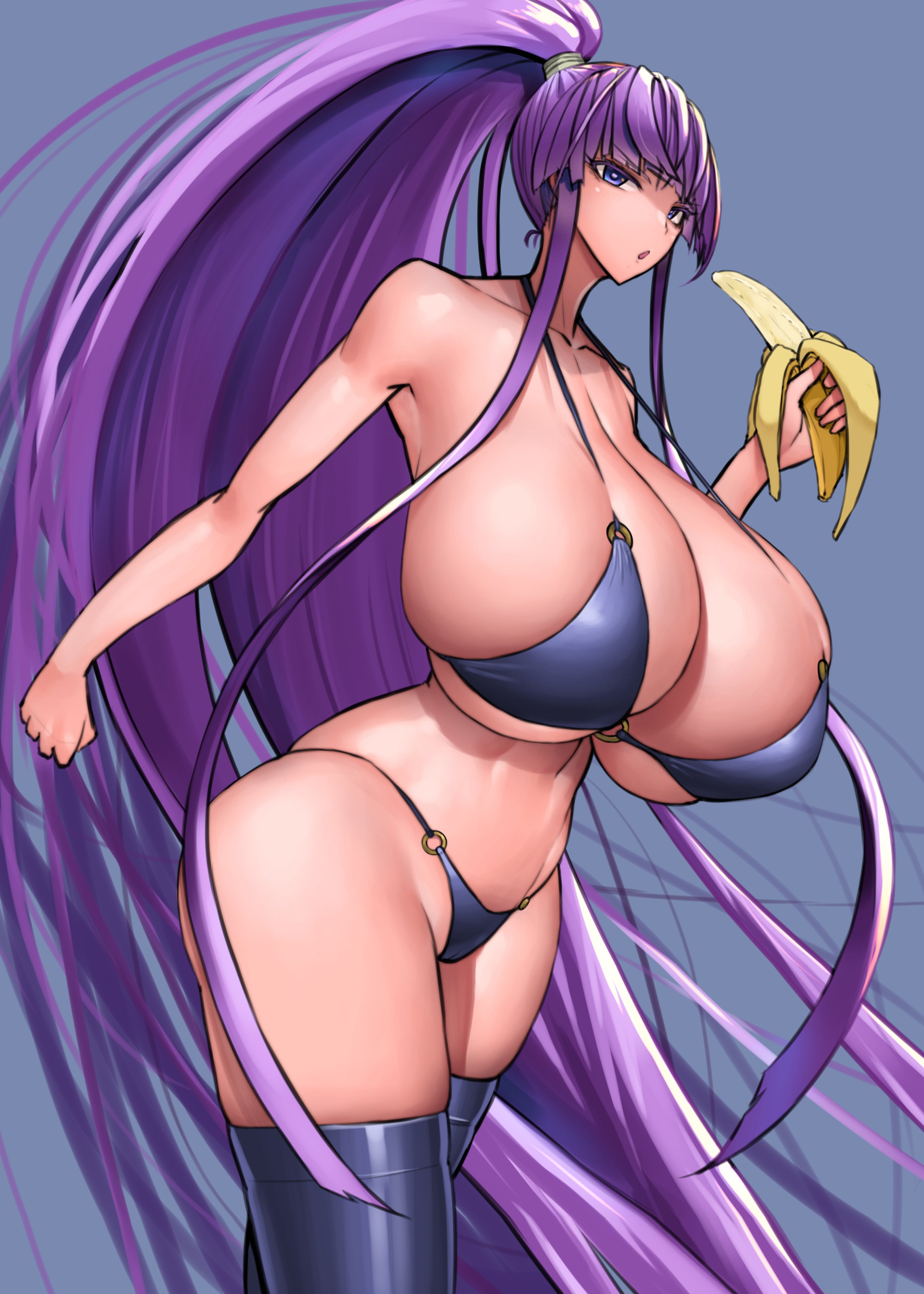 1girls, banana, bare shoulders, bikini, black bikini, breasts, eiken, female, hips, holding food, huge breasts, kirika misono, large breasts, light skin, light-skinned female, long hair, long ponytail, massive breasts, micro bikini, ponytail, purple hair, thick thighs, thighs, voluptuous, wide hips, wolffeld price