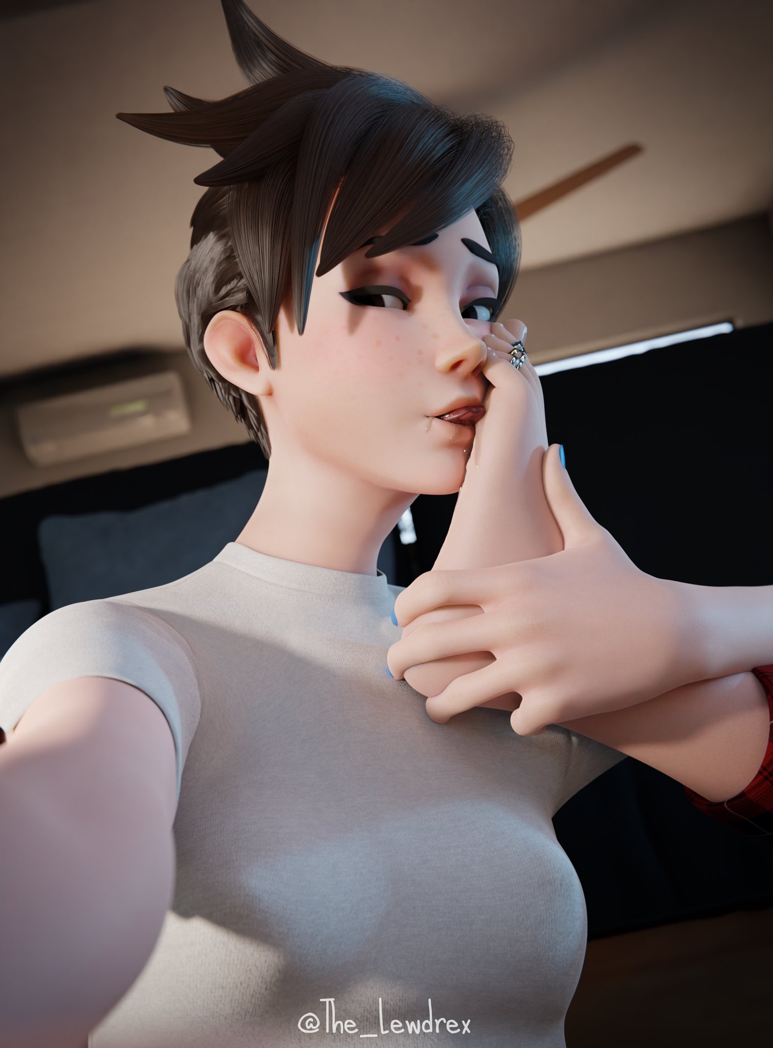 1girls, 3d, alternate version available, athletic, athletic female, blender, blizzard entertainment, blue nails, bottomwear, british female, brown hair, close-up, clothed, clothing, drool, drool string, drooling, feet, feet up, female, female focus, female only, flexible, foot fetish, freckles, freckles on face, front view, hand on foot, highres, lena oxton, lewdrex, light skin, light-skinned female, looking at viewer, looking to the side, overwatch, overwatch 2, pants, selfie, side view, solo, solo focus, taking selfie, toes, tongue, tongue out, topwear, tracer, watermark