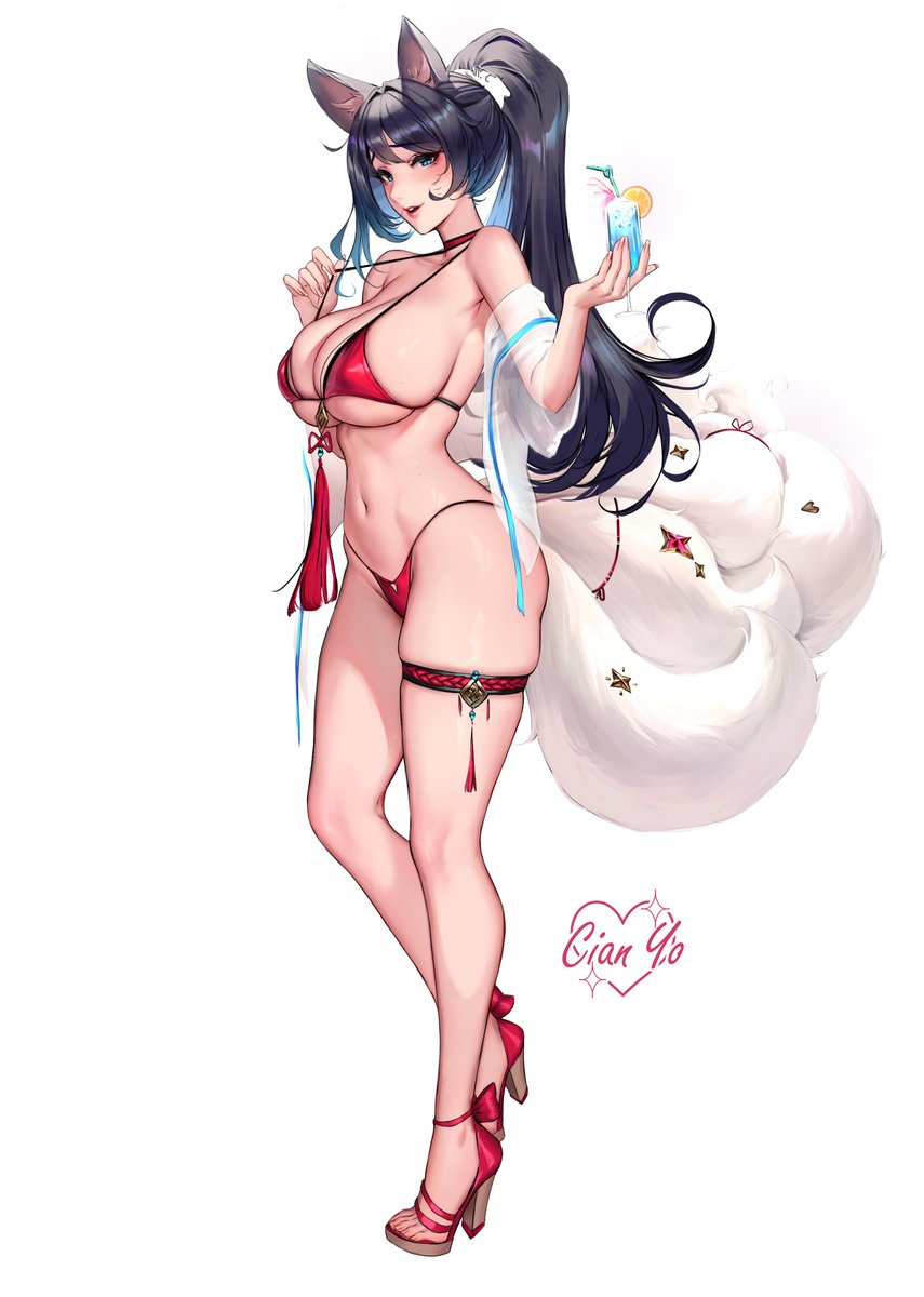 ahri belly big_breasts bikini bikini_bottom bikini_top black_hair blue_eyes blush blushing breasts cianyo collar cute cute_face female female_fox female_only fox fox_ears fox_girl fox_humanoid fox_tail heels huge_ass huge_breasts league_of_legends red_top red_topwear riot_games solo solo_female swimsuit thick thick_legs tight_swimsuit vastaya wide_hips