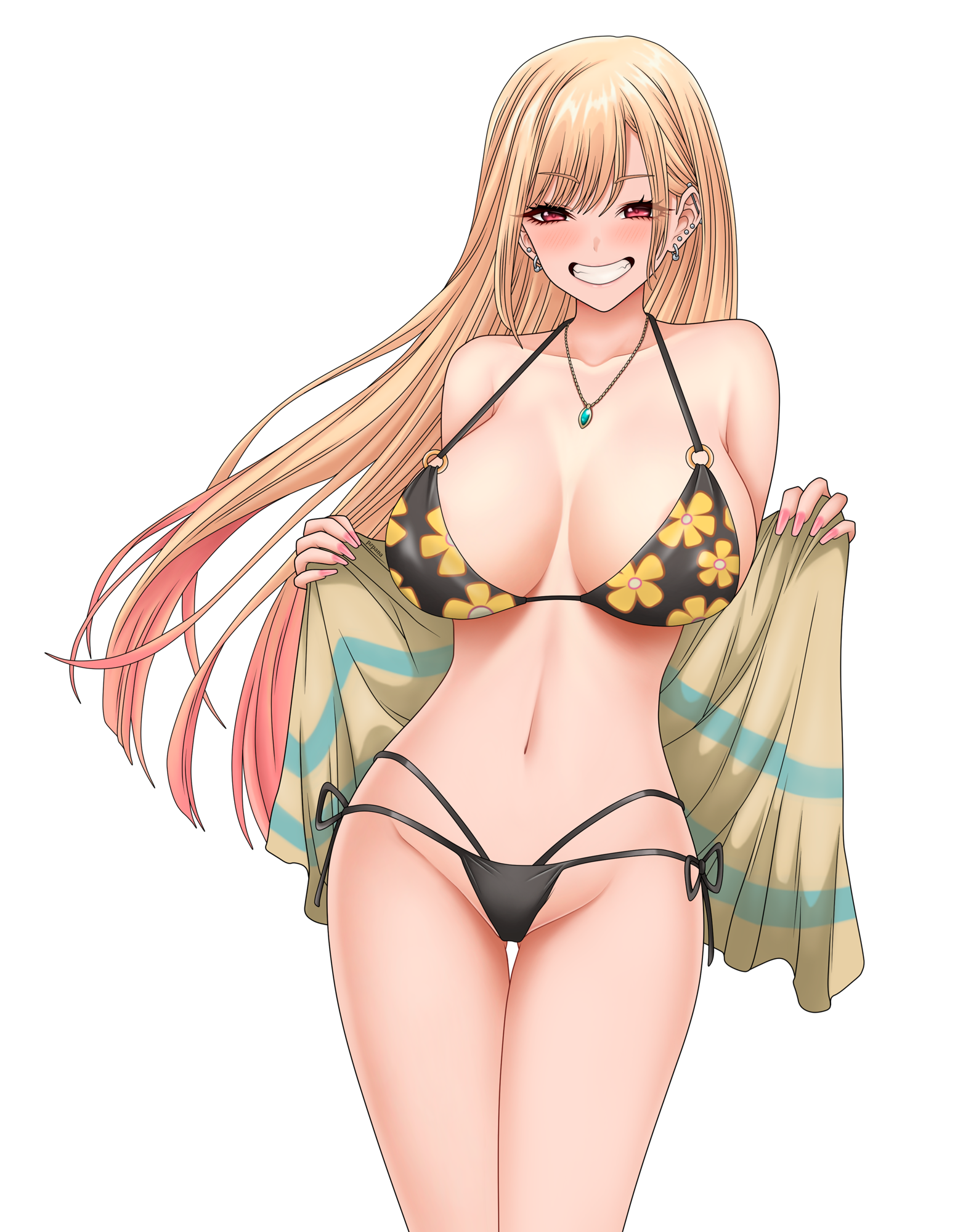 1girls, big breasts, blonde hair, breasts, busty, cleavage, curvy body, curvy figure, female, female focus, female only, huge breasts, kitagawa marin, navel, pink eyes, pzpana, smile, sono bisque doll wa koi wo suru, sweat, voluptuous