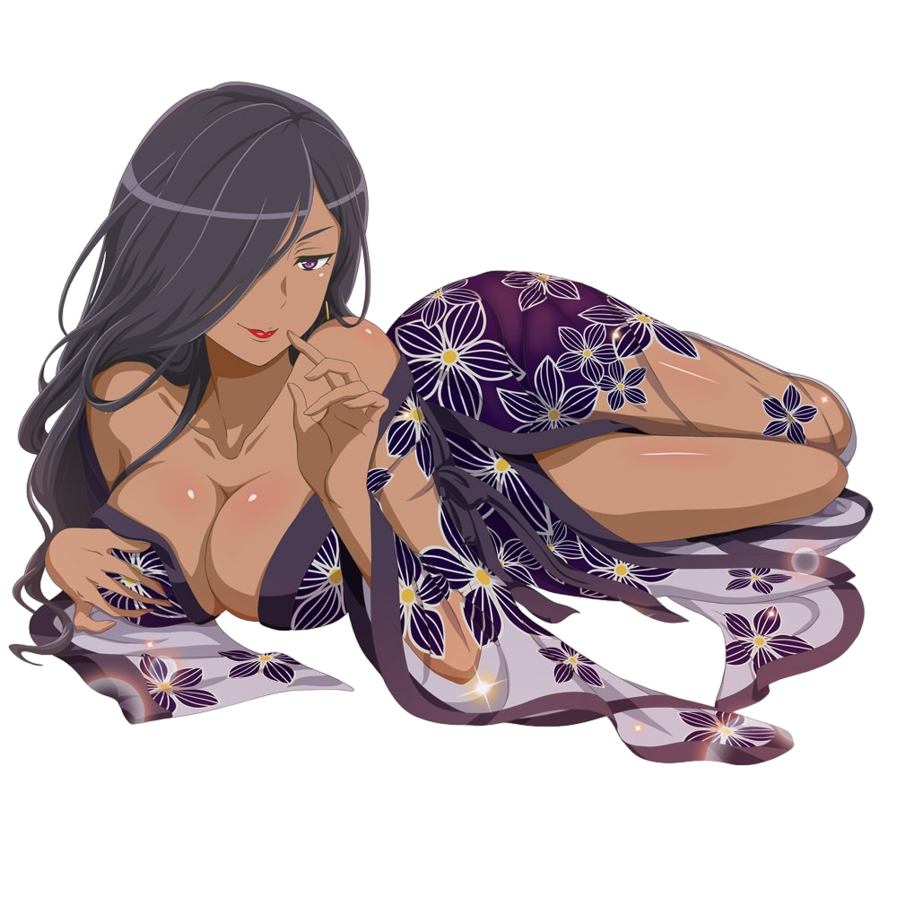 1girls aisha_belka alluring black_hair brown_skin danmemo dungeon_ni_deai_wo_motomeru_no_wa_machigatteiru_darou_ka earrings japanese_clothes lipstick long_hair looking_at_viewer purple_eyes red_lipstick seducing seduction seductive seductive_eyes seductive_gaze seductive_look seductive_mouth seductive_pose seductive_smile shiny_skin transparent_background voluptuous voluptuous_female