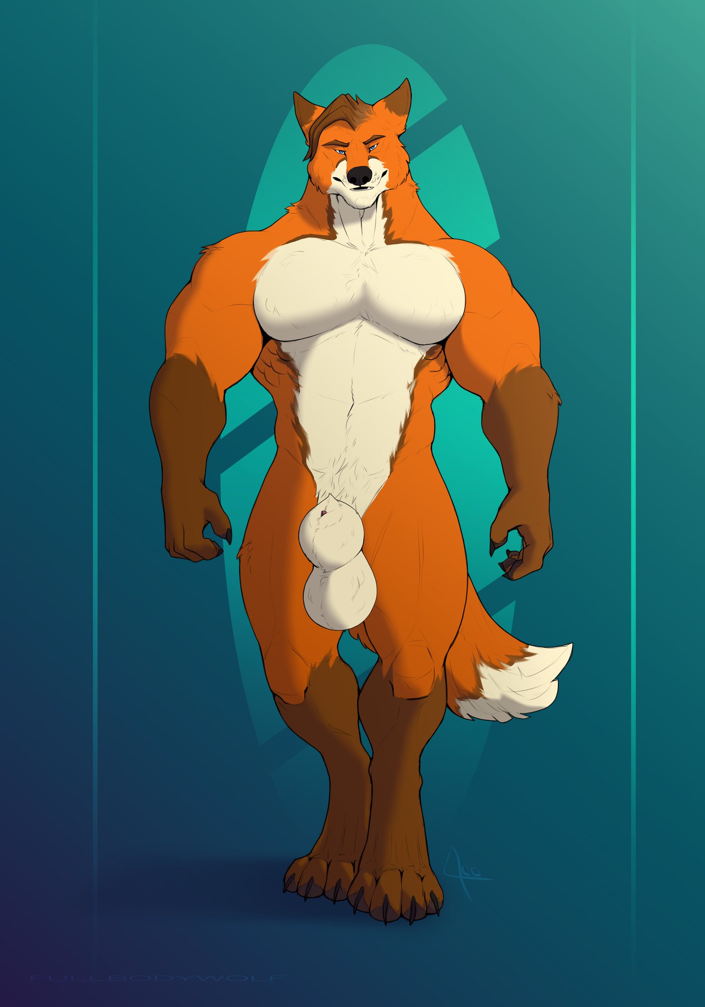 animal_genitalia animal_penis anthro balls biceps canid canine canine_genitalia canine_penis fox fullbodywolf fully_sheathed genitals hair hi_res male mammal muscular muscular_anthro muscular_male nude obliques pecs penis sheath smile smiling_at_viewer smirk smirking_at_viewer solo