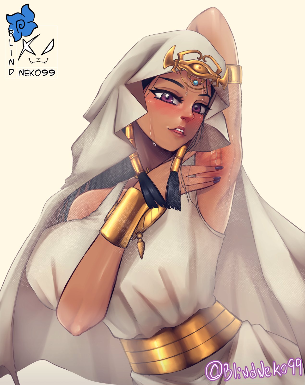 1girls, arm behind head, armpit fetish, armpits, big breasts, black hair, blindneko99, blush, breasts, dark skin, dark-skinned female, female, female only, hi res, isis ishtar, jewelry, konami, looking at viewer, purple eyes, showing armpits, solo, steam, sweat, veil, yu-gi-oh!