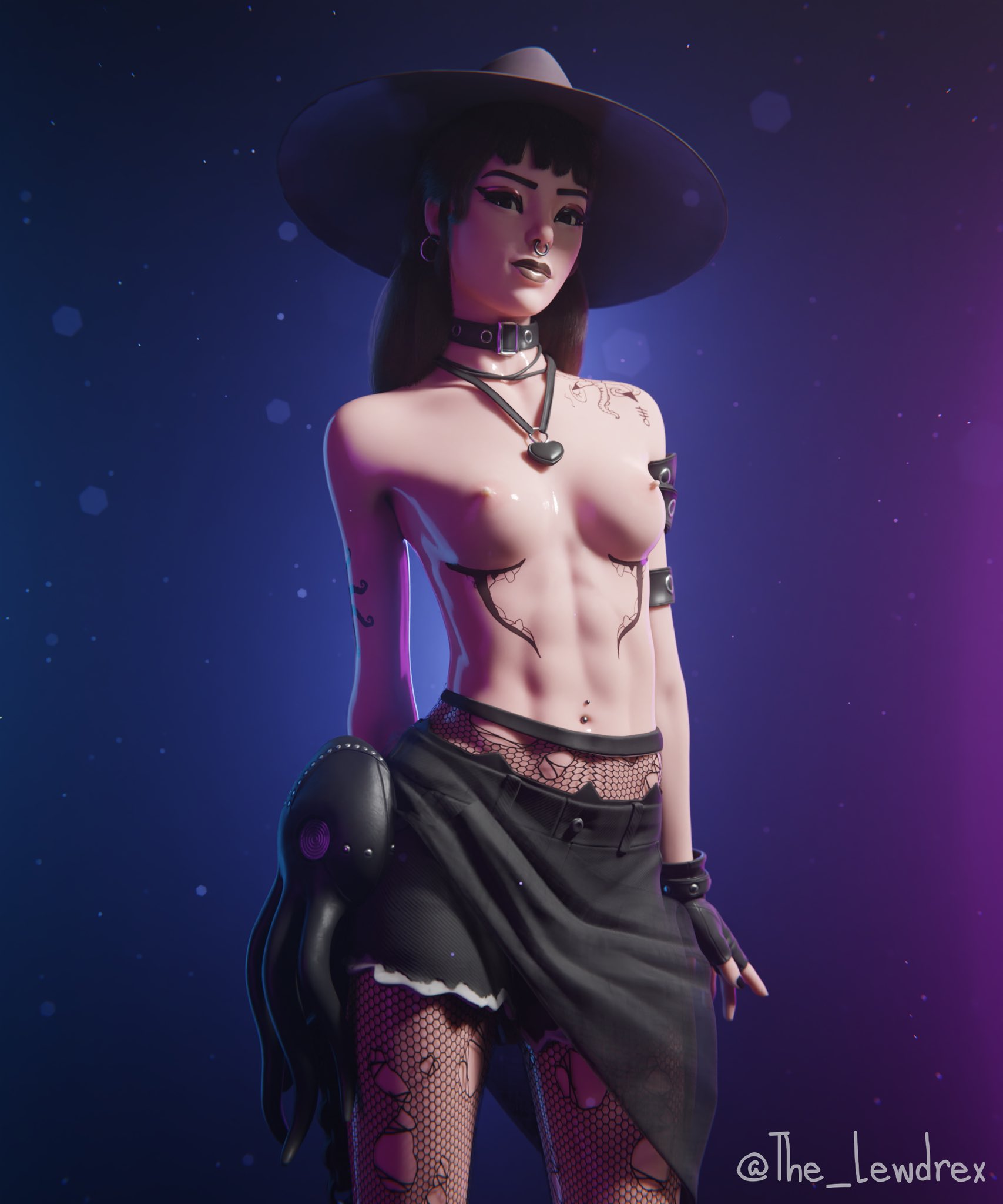 1girls, 3d, abs, alternate version available, athletic, athletic female, belly piercing, black hair, black lipstick, blender, bottomless, bottomwear, bra, breasts, chokers, cleavage, ear piercing, earrings, epic games, female, female focus, female only, fishnet, fishnet legwear, fishnet stockings, fishnets, fortnite, gloves, goth, goth girl, half naked, half-dressed, handwear, hat, headgear, highres, jean shorts, jeans, legwear, lewdrex, light skin, light-skinned female, long hair, looking at viewer, makeup, necklace, nose piercing, oil, oiled, oiled skin, oily, pants, partially clothed, phaedra (fortnite), piercing, piercings, pose, posing, presenting, purple background, shorts, simple background, smile, smiling, solo, solo focus, standing, stockings, tattoo, tattoo on arm, tattooed arm, tattoos, topwear, watermark