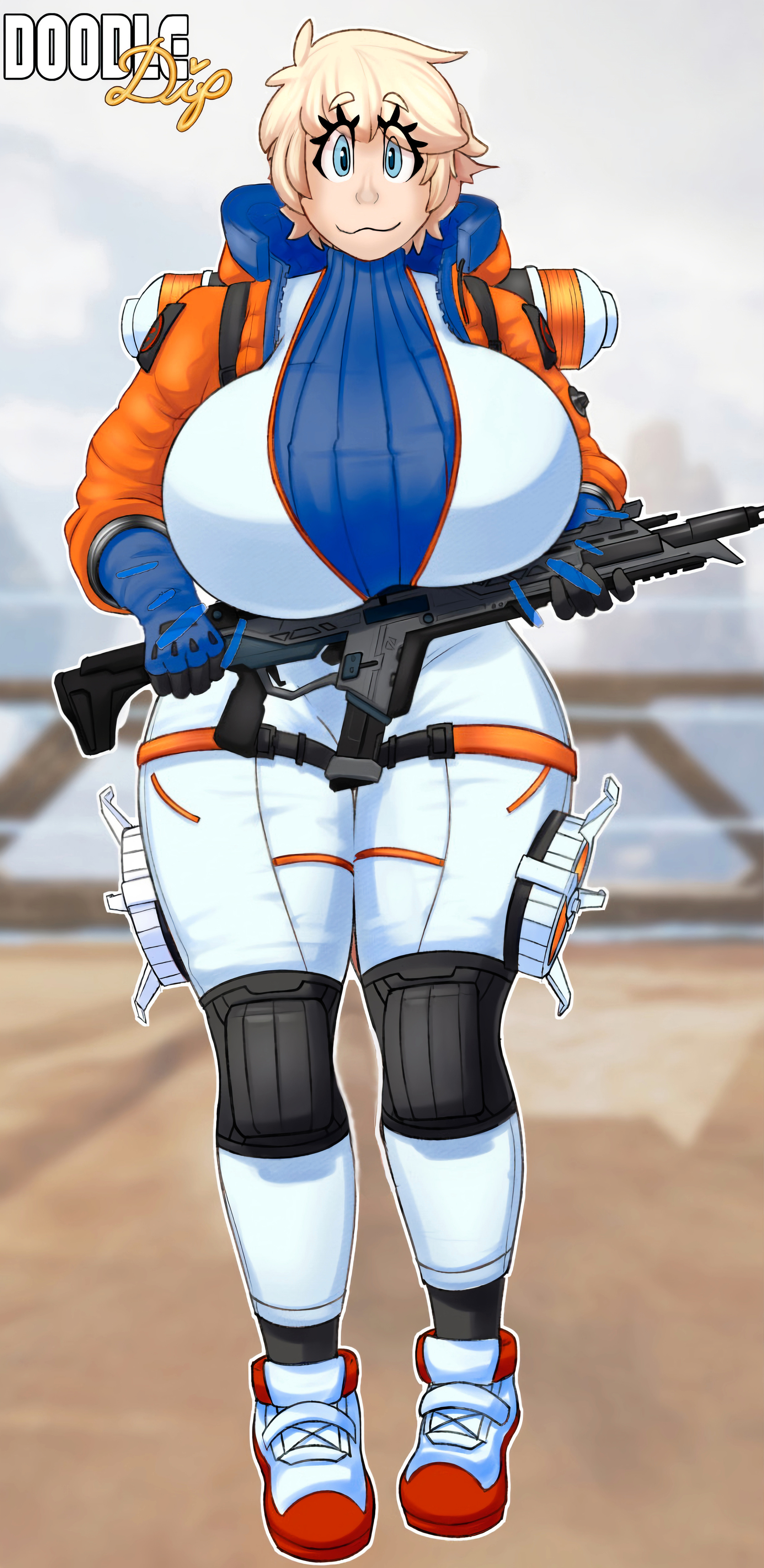 1girls, 5 fingers, apex legends, big breasts, blurry background, breast expansion, breast focus, breast growth, breast growth (enlargement), breasts, breasts out, clothed, clothes, clothing, doodle dip, female, female only, front view, fully clothed, gigantic breasts, growth, hips, hourglass figure, huge breasts, human, human only, humanoid, large breasts, looking at viewer, massive thighs, outgrowing clothes, skin tight, skin tight suit, smile, smug, solo, solo female, stretched clothing, thick, thick hips, thick legs, thick thighs, thighs, tight clothes, tight clothing, tight fit, tight pants, tights, top heavy, wattson (apex legends), wide hips