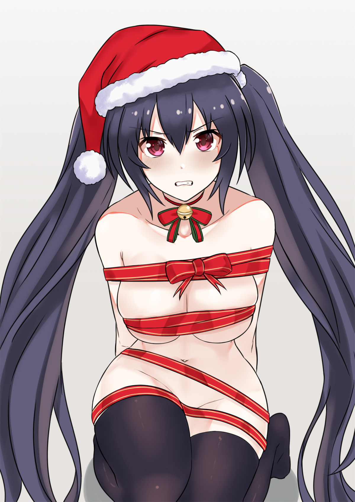 angry, arms behind back, bell collar, black hair, bondage, breasts, christmas, compile heart, female, gift wrapped, idea factory, light skin, light-skinned female, long hair, looking at viewer, neptunia (series), noire, on knees, red eyes, restrained, ribbon, ribbon bondage, santa hat, solo, teeth showing, thighhighs, twintails, wrapped up, zatsu