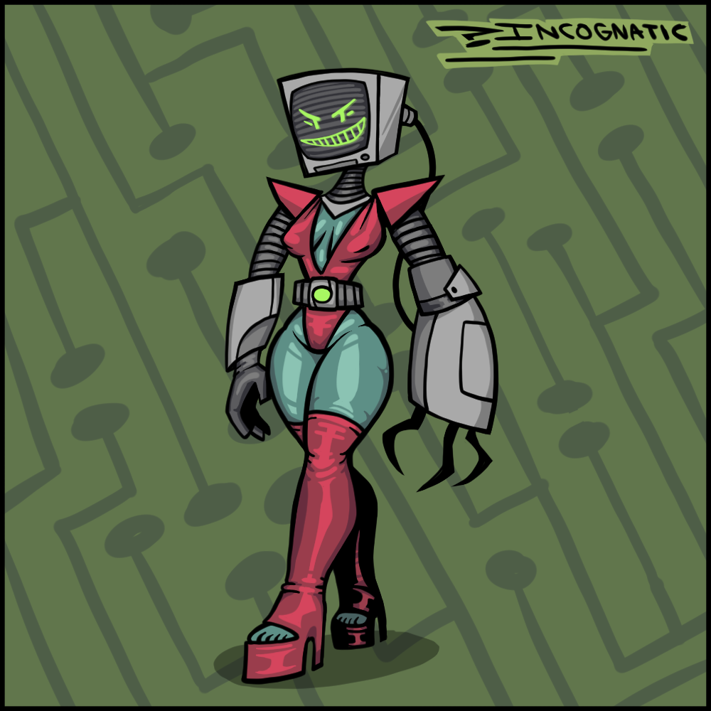 breasts cathy_ray_(incognatic) female gloves green_skin high_heel_boots incognatic leotard oc original_character platform_heels robot robot_girl toeless_legwear tv_head