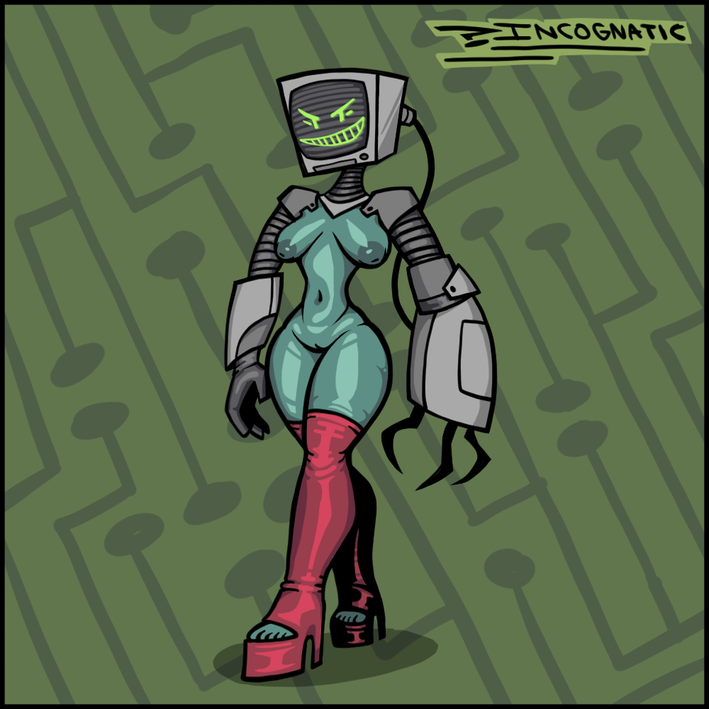 breasts cathy_ray_(incognatic) female gloves green_skin incognatic nude oc original_character pussy robot robot_girl stirrup_legwear toeless_legwear tv_head