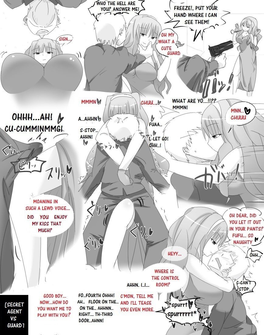 1boy, 1girls, asking for it, big breasts, black text, breasts, caption, cum, cum in clothes, doskoinpo, duo, english text, eyebrows visible through hair, faceless, faceless male, female, femdom, femdom caption, gloves, guard, gun, hairband, kiss, kissing, long hair, male, male/female, secret agent, sigh, simple background, straight, text, thick thighs, thighjob, weapon, white background, white text