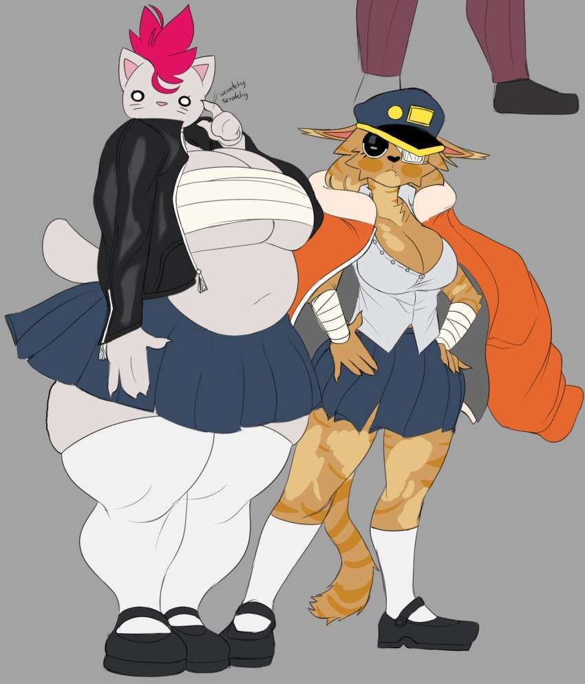 3rd_party_edit big_breasts blue_skirt button_down_shirt buttons chubby chubby_female confused eyepatch jacket jacket_on_shoulders magenta_hair mrjaysin open_jacket orange_fur pink_hair sarashi scratching skirt tail thick_thighs venus_body white_eyes