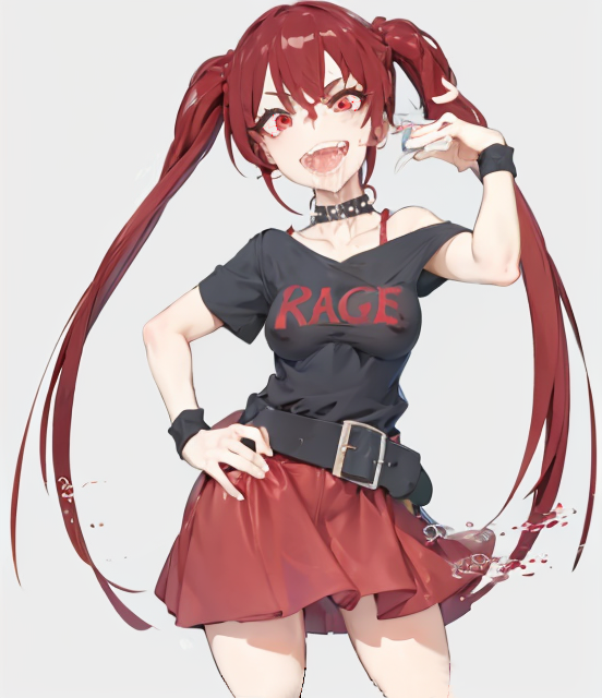 1girls 2023 ai_generated asobimo belt beltskirt bibury_animation_studios black_shirt captchga mahou_shoujo_magical_destroyers nipple_bulge nipples_visible_through_clothing red_(magical_destroyers) red_eyes red_hair red_skirt smile spiked_collar stable_diffusion