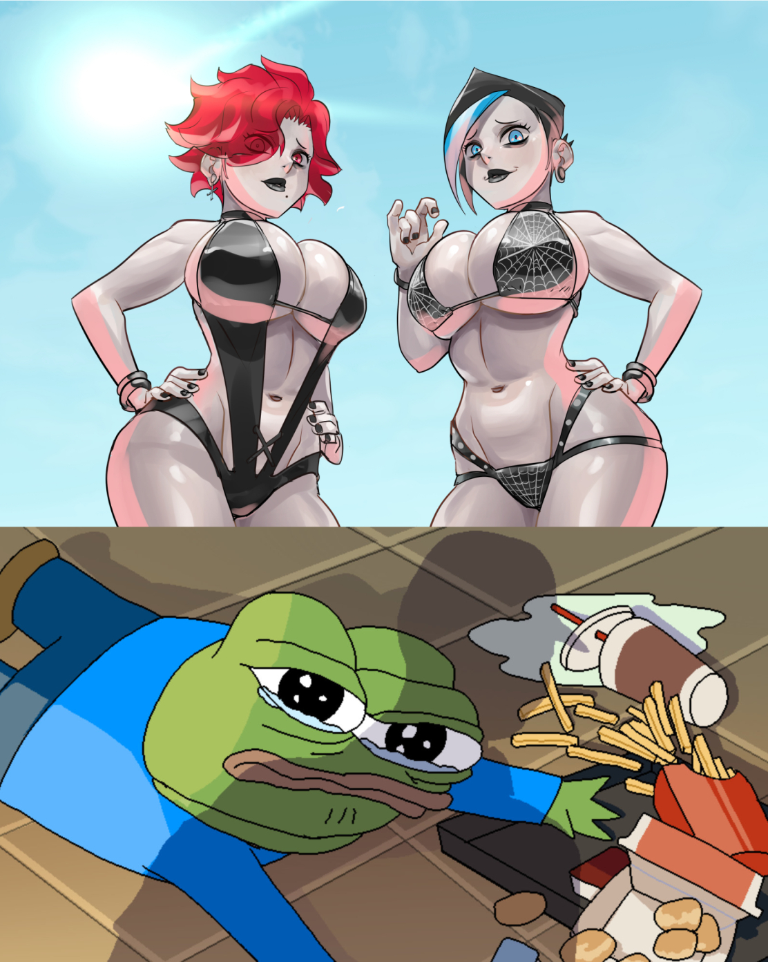 1boy, 2girls, apu apustaja, belly button, bikini, breasts, crying, crying with eyes open, female, funny, goth, goth girl, huge breasts, huge tits, large breasts, looking at viewer, looking down, male, pale skin, pepe the frog, short hair, sirkle