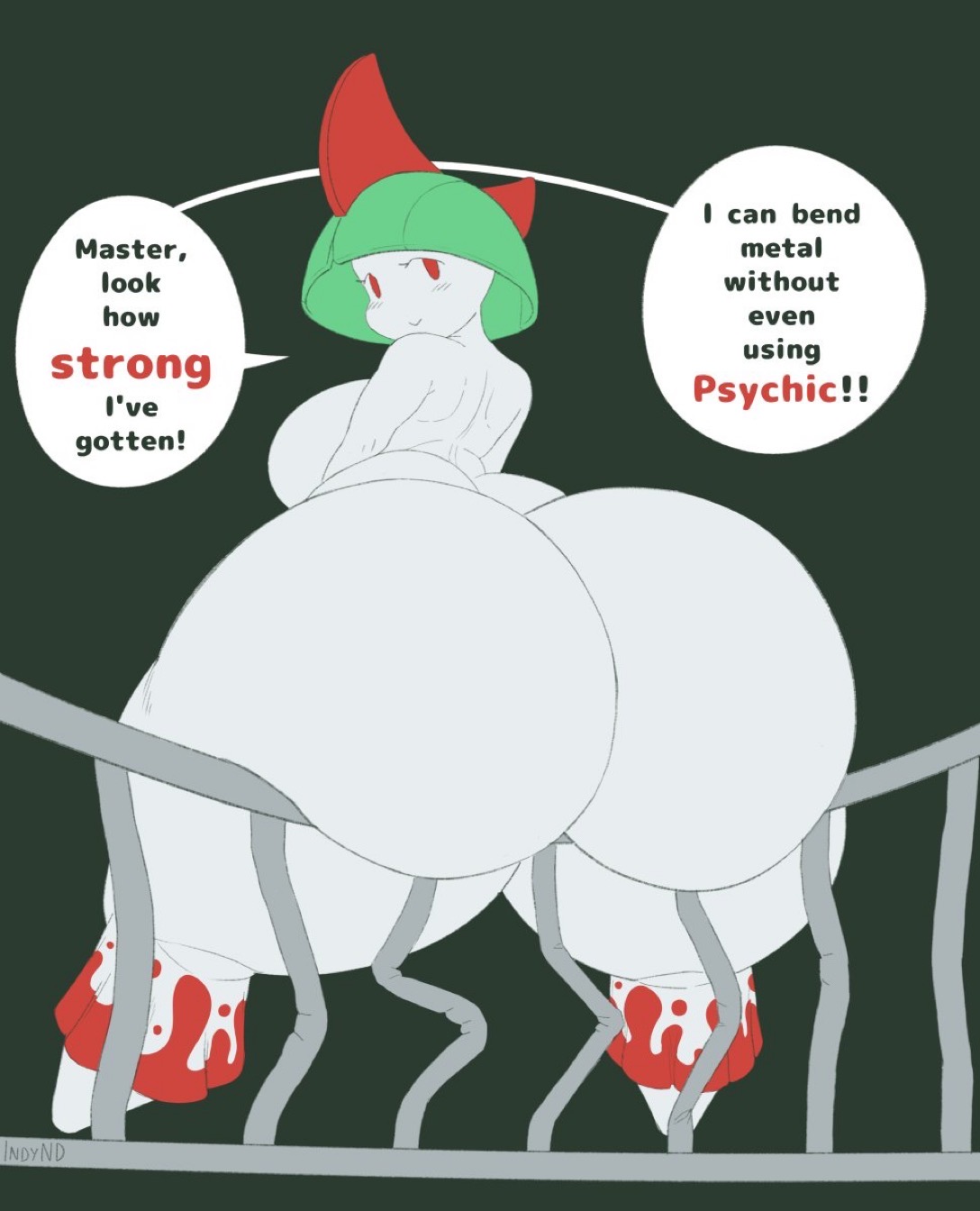ass, big ass, big breasts, blush, blush lines, breasts, dialogue, female, huge ass, indynd, looking back, nintendo, pokemon, ralts, tagme