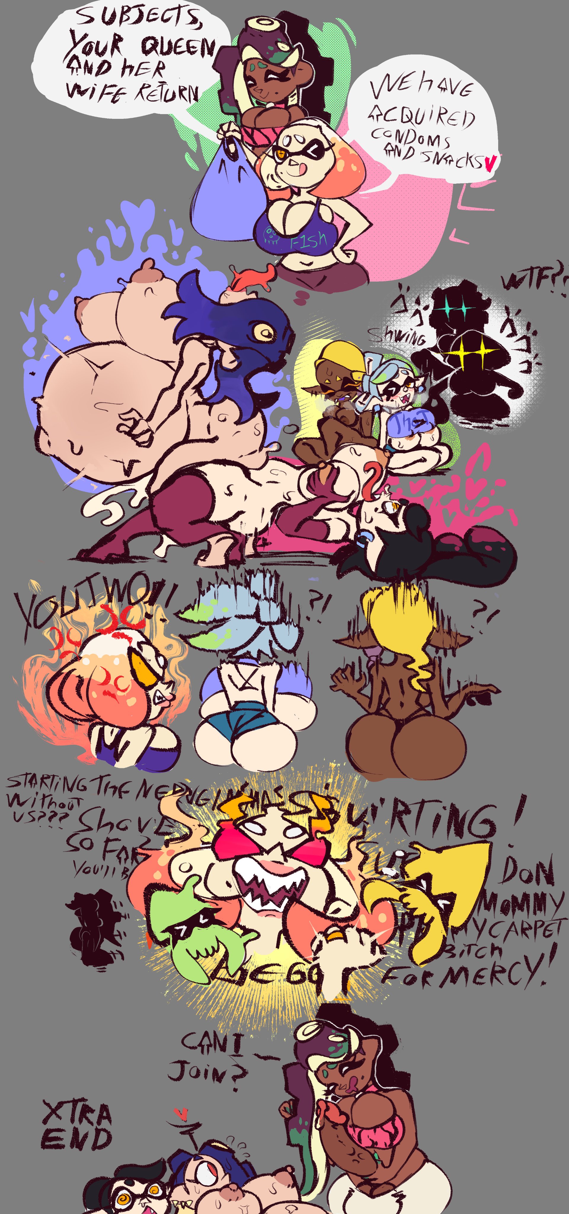 2futas, 4girls, angry, ass, back arching orgasm, big ass, big butt, breasts, callie (splatoon), cum, cum in pussy, cumflated belly, cumflation, dark skin, dark-skinned female, dark-skinned futa, female, frye (splatoon), futanari, huge breasts, hyper cumflation, inflation, inkling, intersex, light skin, light-skinned female, light-skinned futa, marina (splatoon), no bra, octoling, pearl (splatoon), pussy, sex, shiver (splatoon), sideass, splatoon, splatoon (series), splatoon 2, splatoon 3, wolflance