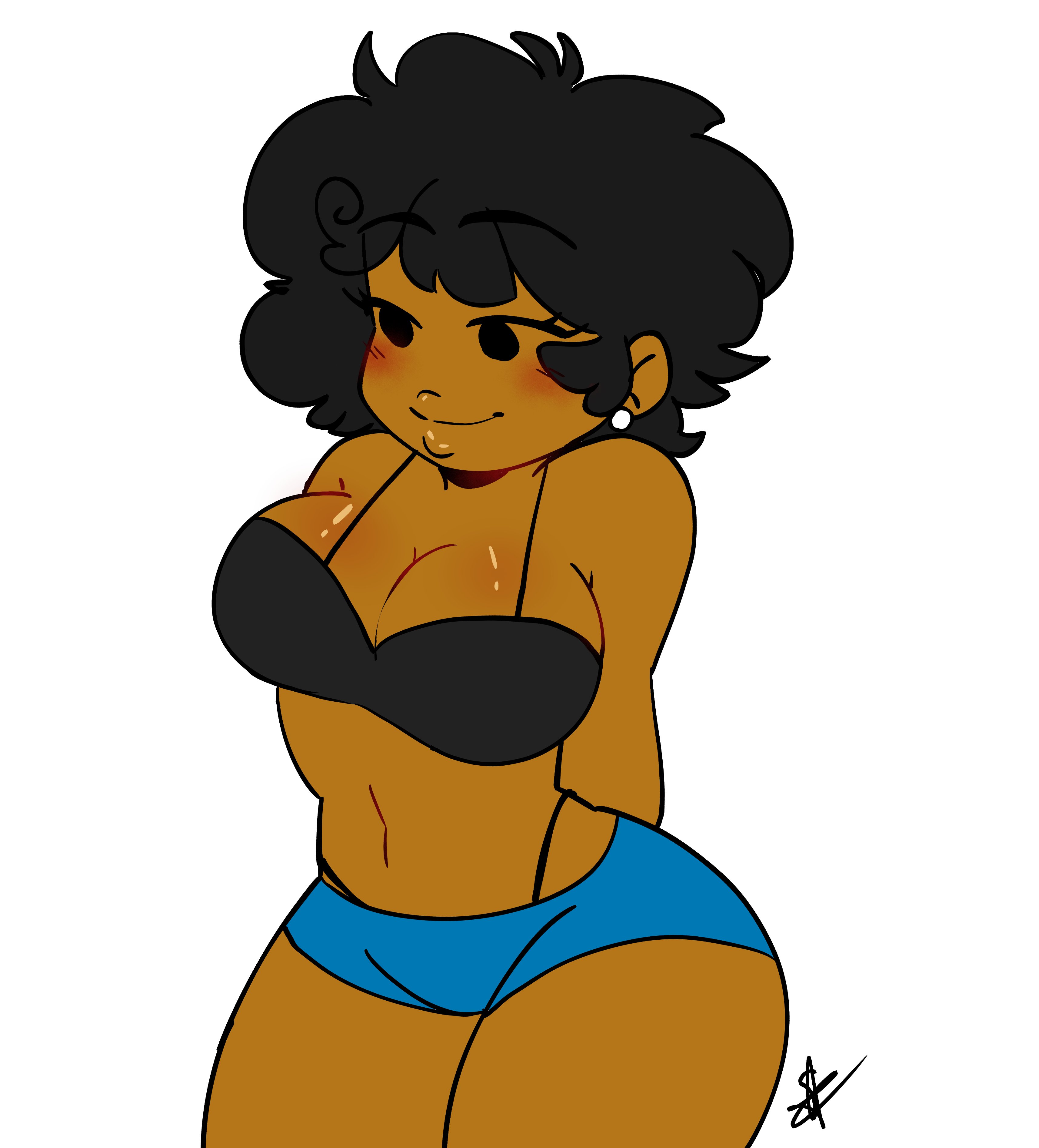 belly button, big breasts, black hair, blush, bra, breasts, dark skin, dark-skinned female, earrings, female, friday night funkin, friday night funkin mod, hips, lola (shawncookie), mob face, no shirt, rule 63, shawncookie, shorts, thick hips, thick thighs, thighs, thong above shorts, thong straps