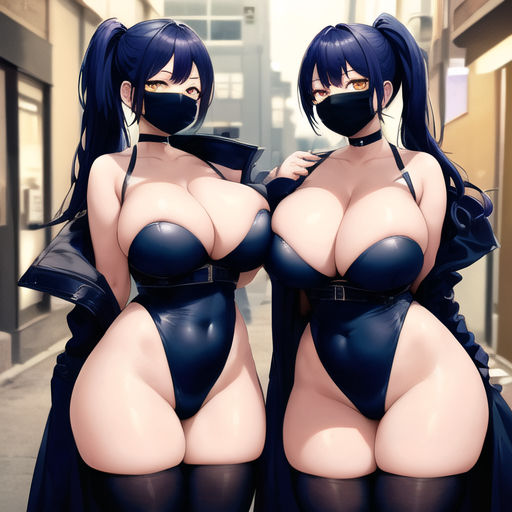 2girls ai_generated alley_queens big_breast blue_hair choker coat curvy female female_only flashing mask miss_b_&_miss_j original ponytail voluptuous