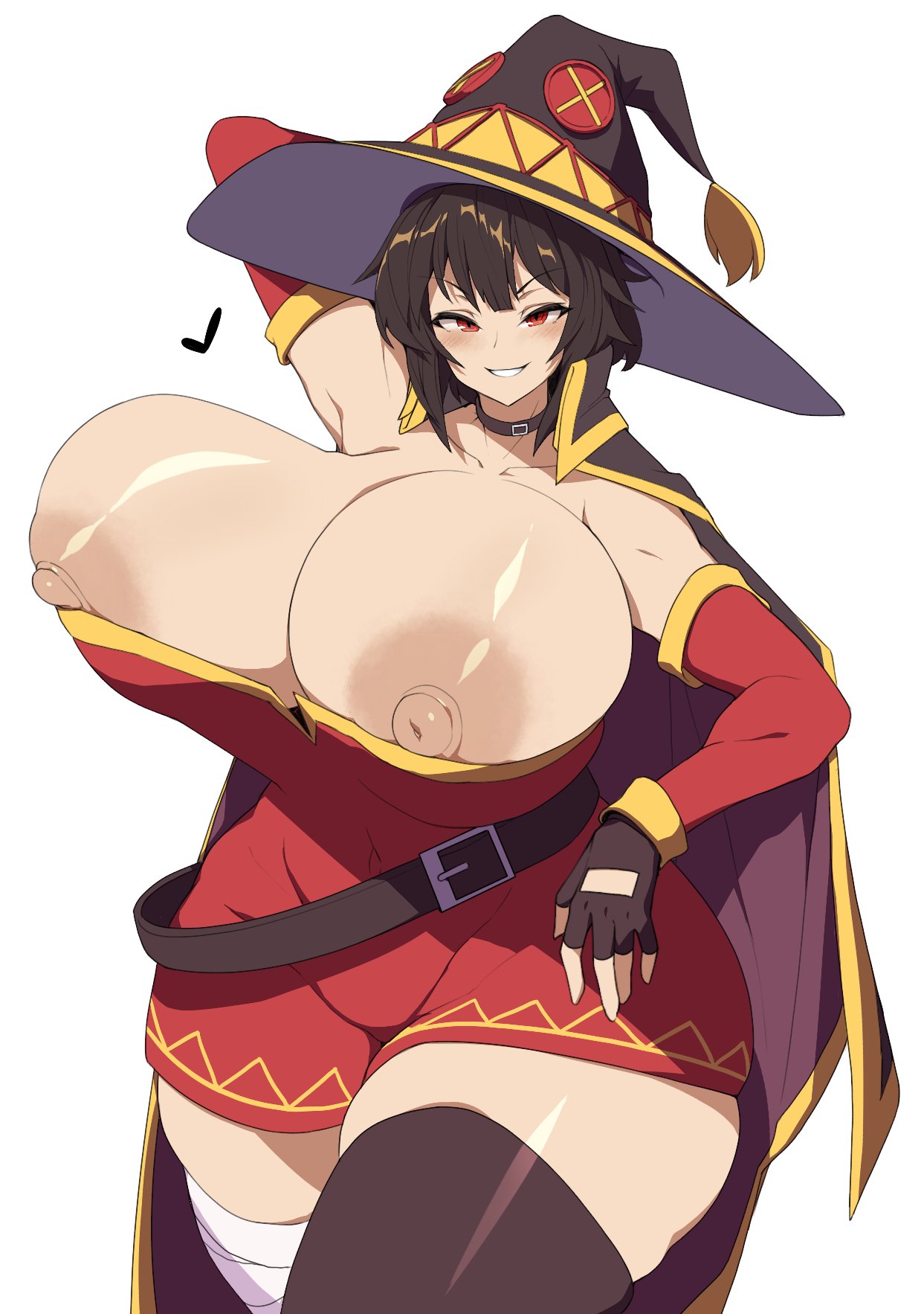 1girls aged_up alternate_breast_size areola areolae big_areola big_areolae big_breasts big_nipples bimbo breasts brown_hair female gigantic_areola gigantic_areolae gigantic_breasts gigantic_nipples hat huge_areola huge_areolae huge_breasts huge_nipples hyper_breasts kono_subarashii_sekai_ni_shukufuku_wo! large_areola large_areolae large_breasts large_nipples light-skinned_female light_skin massive_breasts megumin naughty_face nipples short_hair simple_background sinensian too_small_clothes venus_body voluptuous