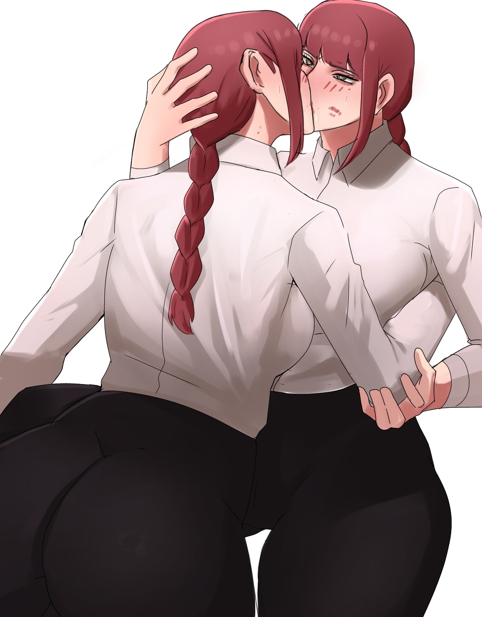 2girls arm_behind_back ass bby_dvk blush blush_lines chainsaw_man clothed female female_only holding_partner kiss_mark kissing lipstick_mark long_hair makima_(chainsaw_man) making_out open_smile pants red_hair selfcest shirt white_background yuri