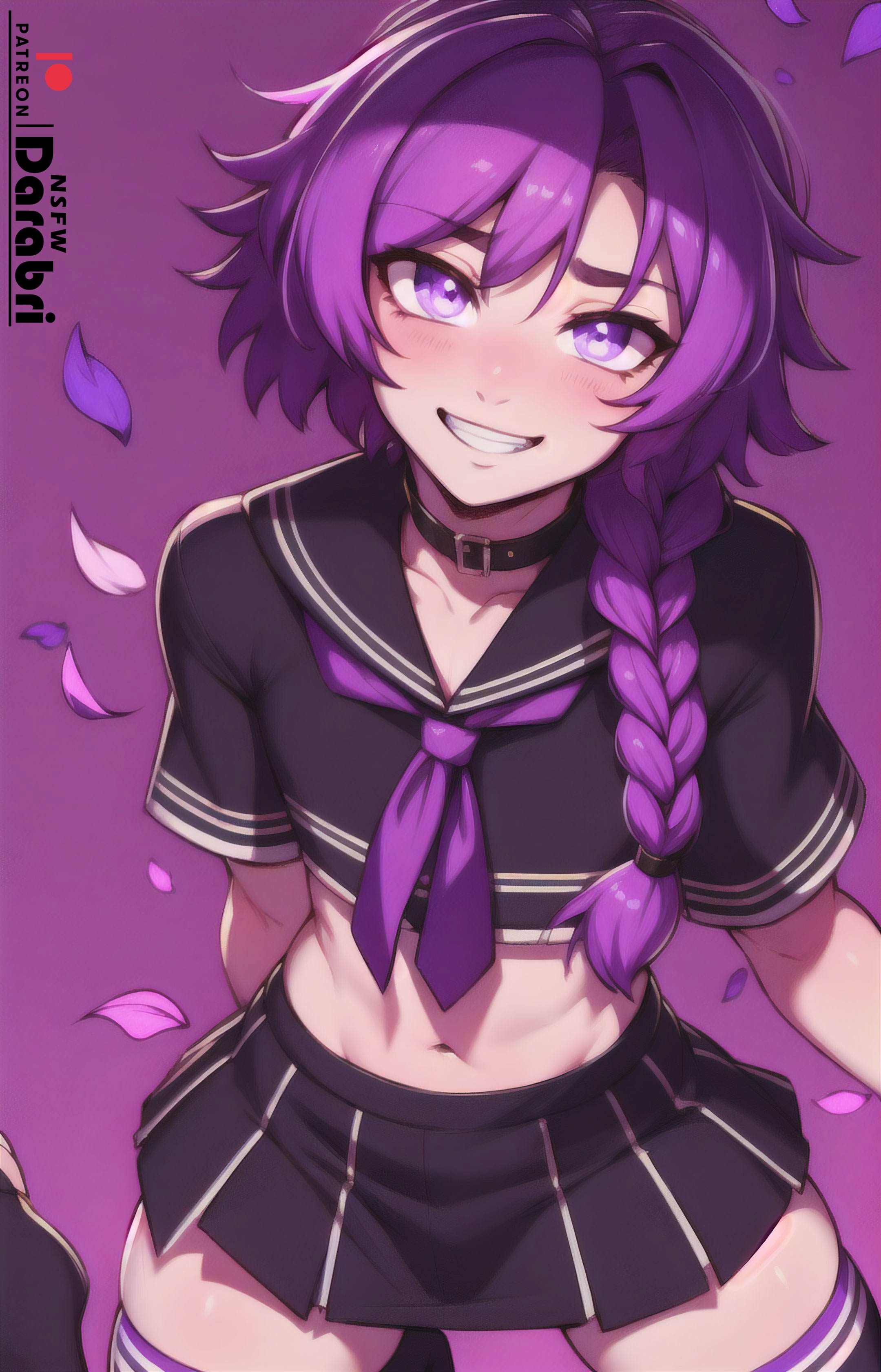 1boy, abstract background, absurd res, absurd resolution, ai generated, astolfo (fate), black clothing, black skirt, blush, braid, choker, collar, collarbone, color, colored, crazy eyes, crop top, darabri, fate (series), femboy, feminine, feminine male, flower, gradient background, happy, high resolution, highres, logo, long hair, looking at viewer, looking up, male, male only, miniskirt, navel, otoko no ko, outline, patreon, patreon logo, pattern clothing, petals, pleated skirt, pov eye contact, purple eyes, purple hair, school uniform, short skirt, simple background, skirt, sleeveless, sleeveless shirt, smile, solo, solo focus, solo male, stockings, stomach, thick thighs, thighhighs, thighs, tie, tight clothing, toned, trap