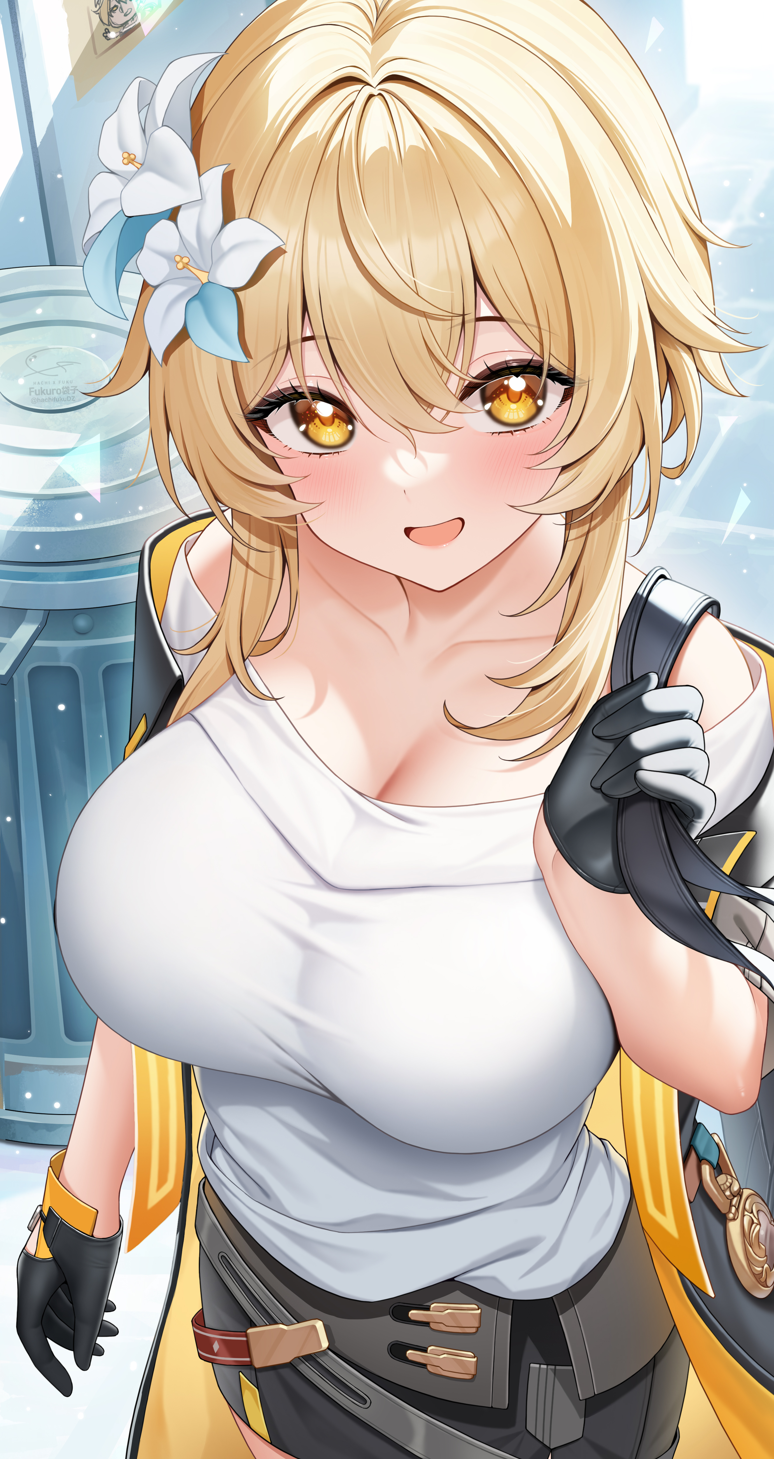 1girls, big breasts, blonde hair, breasts, busty, cleavage, clothed, clothed female, clothing, cosplay, female, female only, fukuro ko (greentea), genshin impact, honkai: star rail, huge breasts, large breasts, looking at viewer, lumine (genshin impact), short hair, solo, stelle (honkai: star rail) (cosplay), voluptuous, yellow eyes
