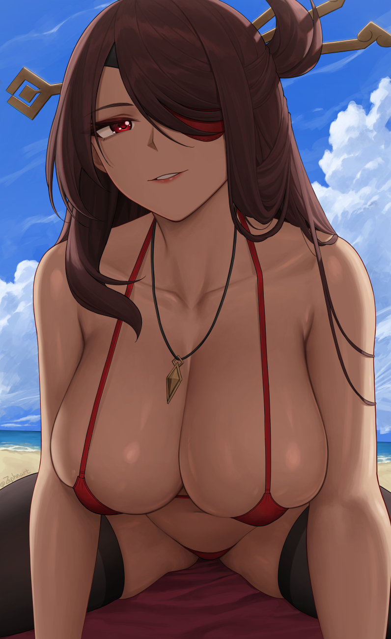 1girls, alternate version available, beach, beidou (genshin impact), breasts, brown hair, eyepatch, female, female only, genshin impact, hair over one eye, huge breasts, light skin, light-skinned female, long hair, red bikini, red eyes, solo, thick thighs, zaphn