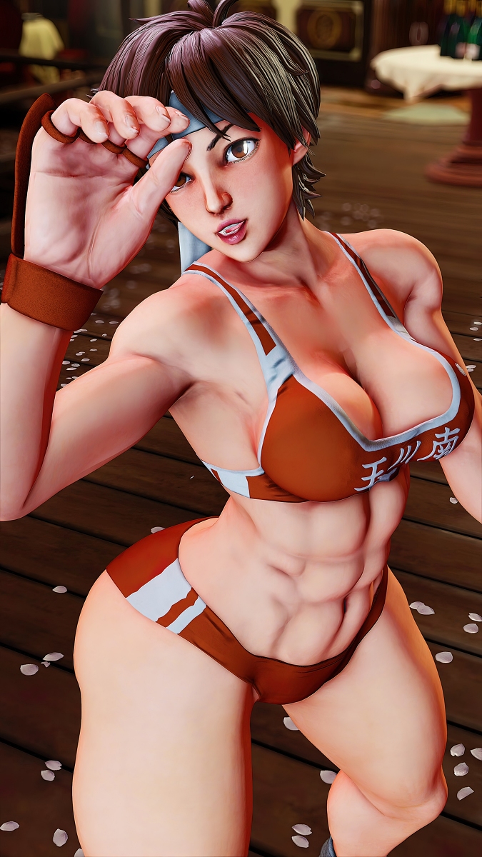 1girls 3d abdomen abs athletic athletic_female athletic_wear brown_hair cleavage female female_only front_view fully_clothed gym_clothes gym_clothing gym_shorts gym_uniform hand_up headband kanji looking_at_viewer medium_breasts muscular_female open_mouth open_smile repinscourge sakura_kasugano screencap screenshot short_hair solo sports_bra sportswear standing stomach street_fighter street_fighter_v toned toned_female