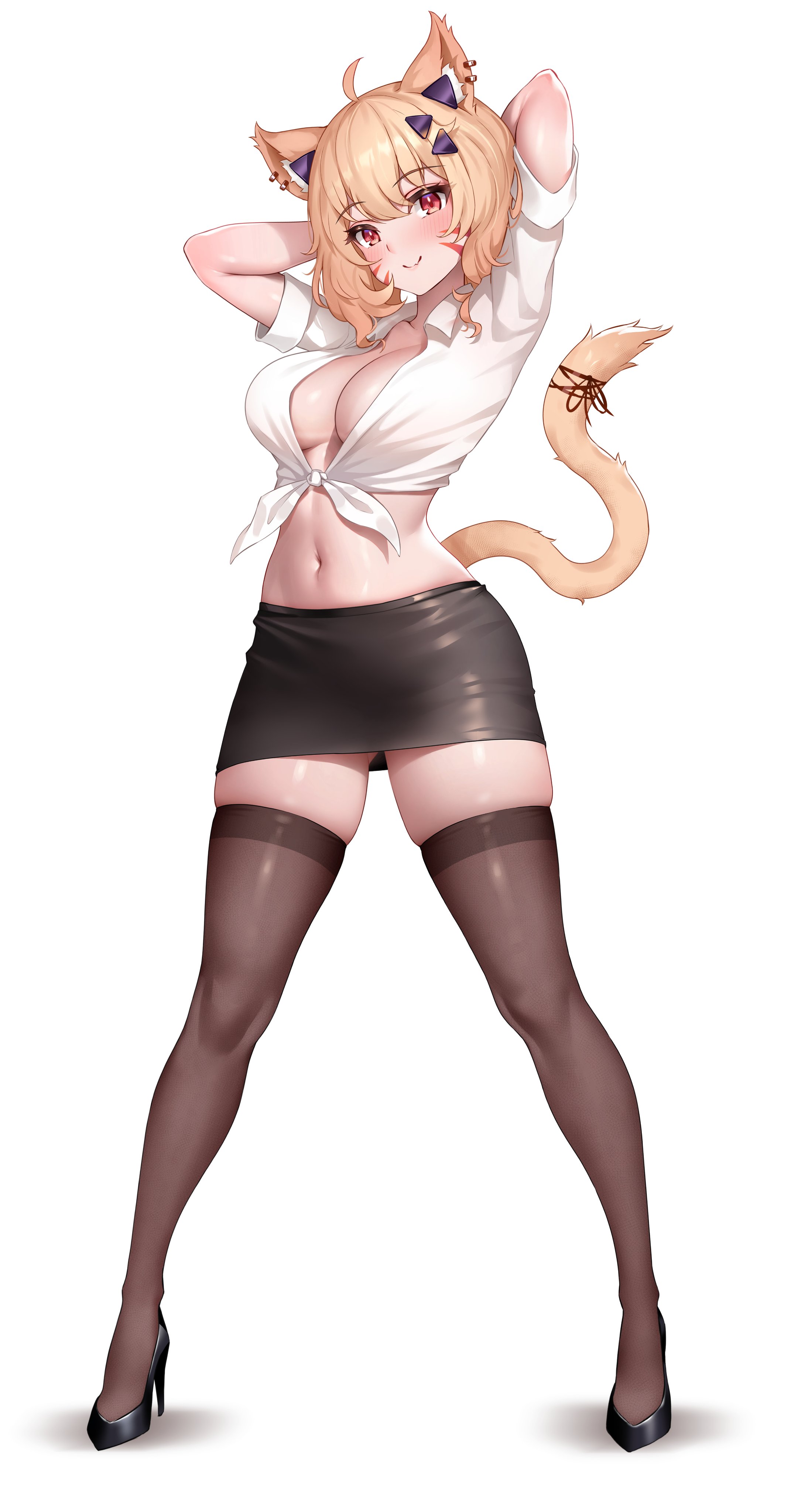 1girls, ahoge, animal ear fluff, animal ears, arms behind head, arms up, ass visible through thighs, bangs, black footwear, black legwear, black panties, black skirt, blonde hair, blush, breasts, cat ears, cat girl, cat tail, catgirl, cleavage, collared shirt, crop top, eyebrows visible through hair, face markings, facial mark, female, female only, front-tie top, full body, hair ornament, hairclip, high heels, large breasts, looking at viewer, midriff, miniskirt, miqo'te, navel, orange eyes, panties, pencil skirt, piercing, red eyes, secon, shirt, shoes, short hair, side slit, skindentation, skirt, smile, solo, squchan (vtuber), standing, stomach, striped, tail, tanned, thighhighs, thighs, tied shirt, underwear, v-shaped eyebrows, virtual youtuber, vyugen, white background, white shirt, zettai ryouiki
