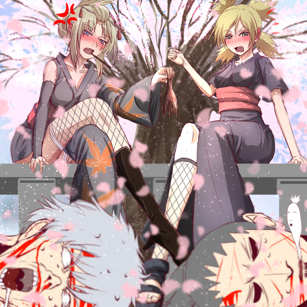 2boys 2girls anger_vein asian_clothing beaten blonde_female blonde_hair blush boruto:_naruto_next_generations canon_couple crossed_legs crossover drunk drunk_female female fishnet_legwear fishnet_stockings fishnets gintama gintoki_sakata hair_color_connection japanese_clothes male nara_shikamaru naruto naruto_(series) nosebleed outfit_connection soul_leaving straight temari trait_connection tsukuyo