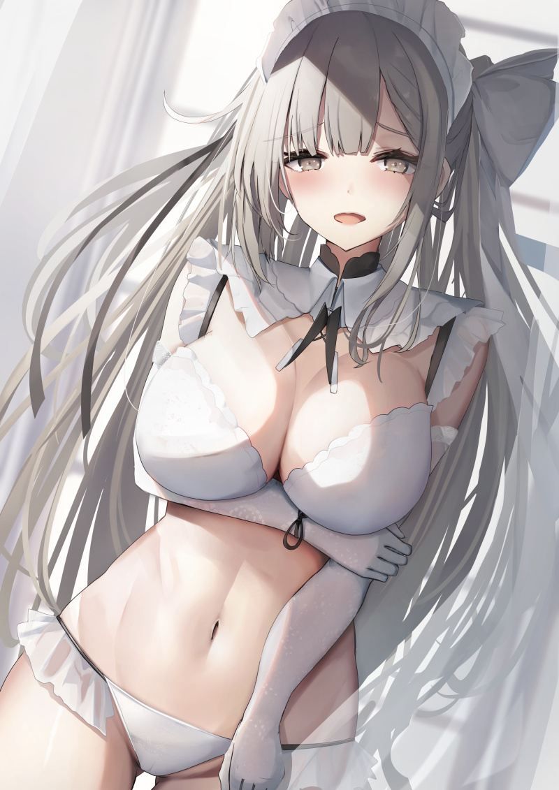 1girls 2020s 2023 ass_visible_through_thighs blush bra breast_hold breasts brown_eyes cleavage elbow_gloves eyebrows_visible_through_hair female female_only frilled_bra frilled_panties frills gloves grey_hair highres indoors large_breasts liya long_hair maid maid_headdress navel open_mouth original panties smile solo standing tongue underwear underwear_only very_long_hair white_bra white_gloves white_panties window