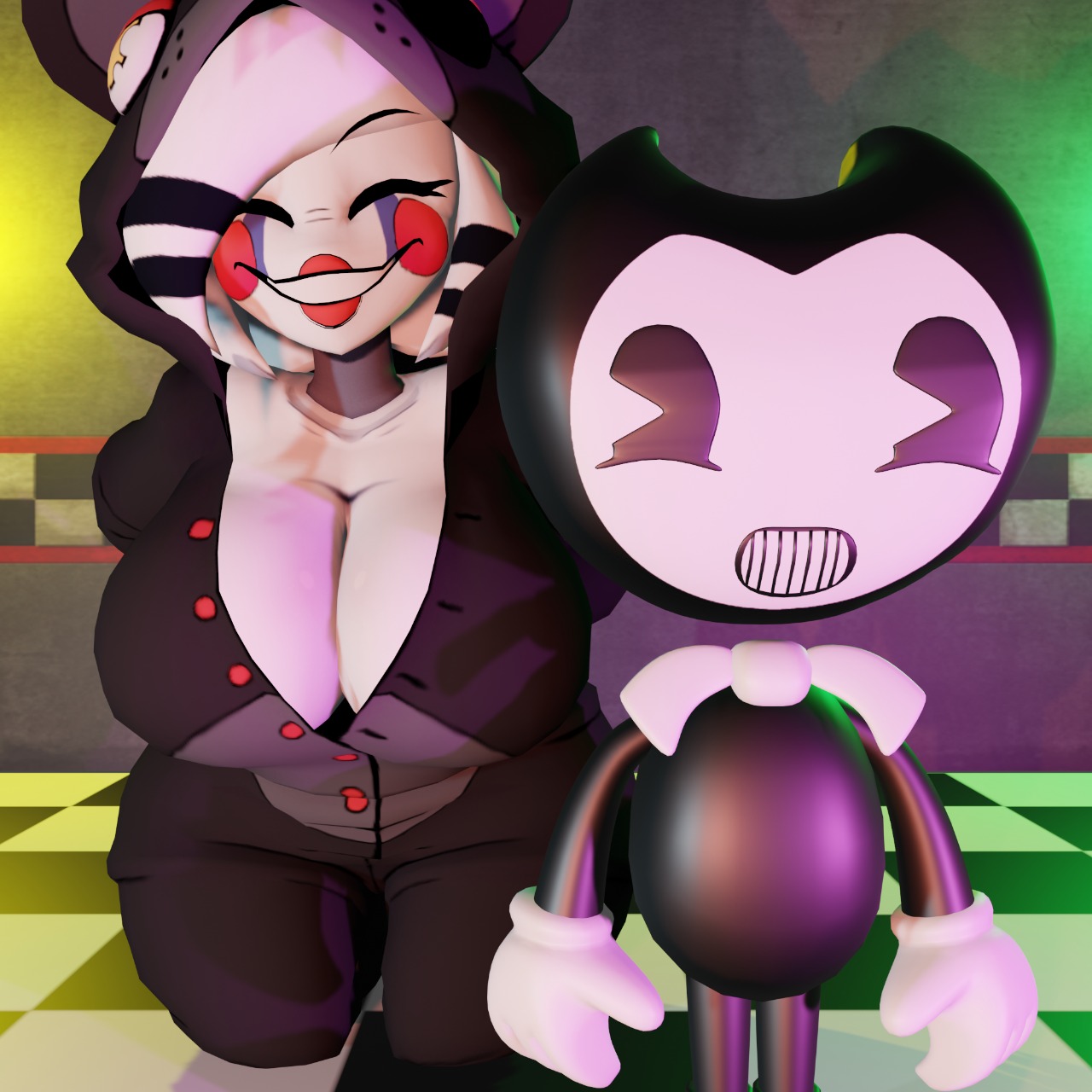 1girls, 3d, 3d (artwork), bendy, bendy and the ink machine, bendy the dancing demon, big breasts, breasts, cally3d, clazzey, cleavage, closed eyes, cryptiacurves, fazclaire's nightclub, female, five nights at freddy's, five nights at freddy's 2, fnaf, fredina's nightclub, grin, huge breasts, lefty (fnaf), marie (cally3d), marie (cryptia), marionette (fnaf), puppet (cally3d), puppet (fnaf), scottgames, size difference, smile, vxast, wide hips