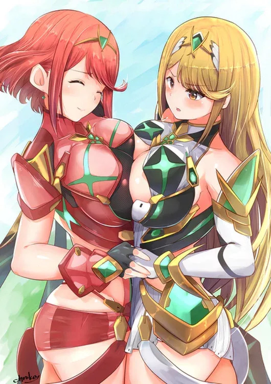 2girls, armor, bare shoulders, blonde hair, blush, breast press, breasts, chrokey, closed eyes, core crystal, dress, earrings, elbow gloves, female, fingerless gloves, gem, gloves, hair ornament, headpiece, jewelry, large breasts, long hair, multiple females, multiple girls, mythra, nintendo, pyra, red hair, red shorts, short hair, short shorts, shorts, smile, swept bangs, tiara, white dress, xenoblade (series), xenoblade chronicles 2, yellow eyes