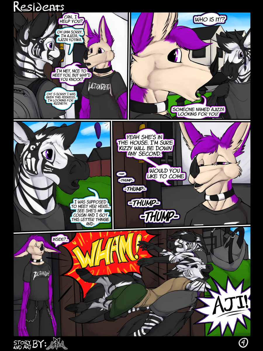 ajizza_(ajizza) ajizza_(artist) andromorph anthro bat clothed clothing comic cuntboy door english_text equid equine excited group hi_res intersex kizzneth_(character) male mammal metras_(ajizza) page_4 pounce public residents tackle text trio zebra