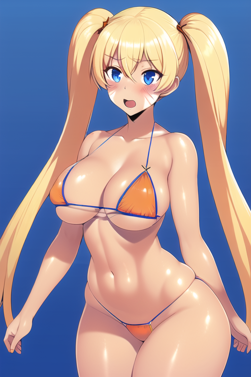 ai_generated bikini blue_background blue_eyes blush face_markings genderswap_(mtf) highres large_breasts nai_diffusion naruko naruto naruto_(series) orange_bikini rubycks rule_63 sexy_no_jutsu shiny_skin solo string_bikini toned toned_female twintails uzumaki_naruto