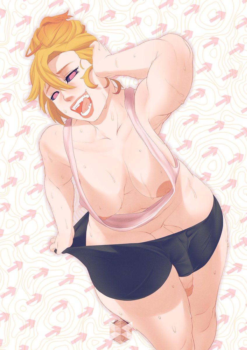 1futa balls big_breasts big_penis blonde_hair breasts clothed clothing dark_eyes docmooni futa_only futanari humanoid humanoid_penis licking_teeth light-skinned_futanari light_skin loose_clothes original_character partially_clothed penis penis_through_leghole pulling_shorts shorts slightly_chubby solo standing sweat vampire wrinkles