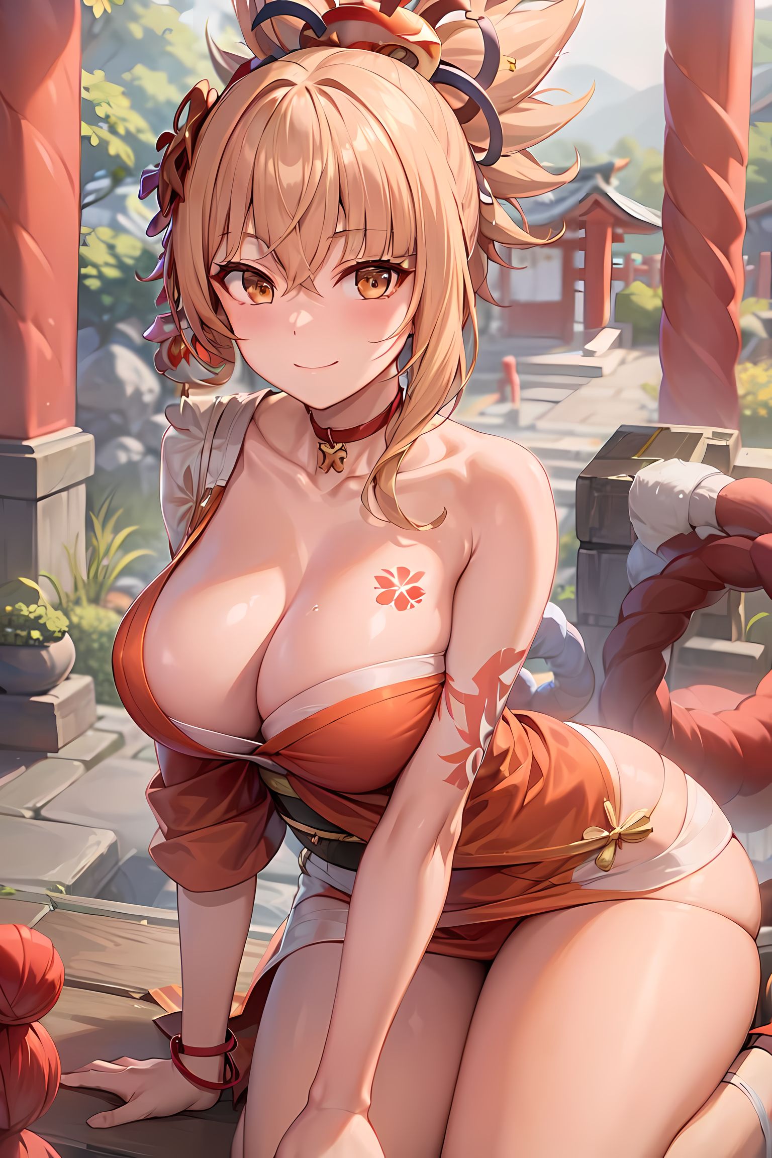 1girls, ai generated, blonde hair, breast tattoo, breasts, cleavage, female, genshin impact, kimono, large breasts, light skin, light-skinned female, long hair, looking at viewer, outdoors, smile, stable diffusion, tattoo, thighs, yoimiya (genshin impact)