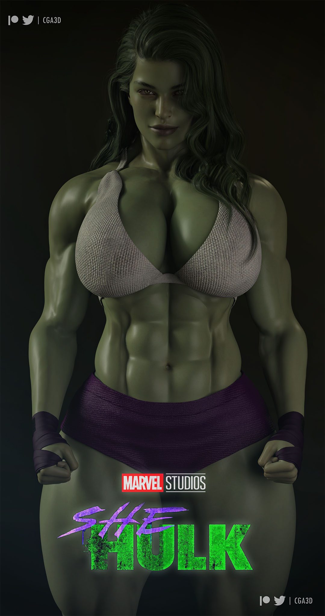 1girls, 2022, 3d, 3d (artwork), abs, artist name, big breasts, bra, breasts, cga3d, clothed, erotichris, female, female only, fingerless gloves, gloves, green body, green hair, green skin, green-skinned female, hi res, huge breasts, hulk (series), large breasts, marvel, marvel comics, midriff, movie poster, muscles, muscular, muscular female, poster, she-hulk, she-hulk: attorney at law, short shorts, shorts, six pack, solo, thick thighs
