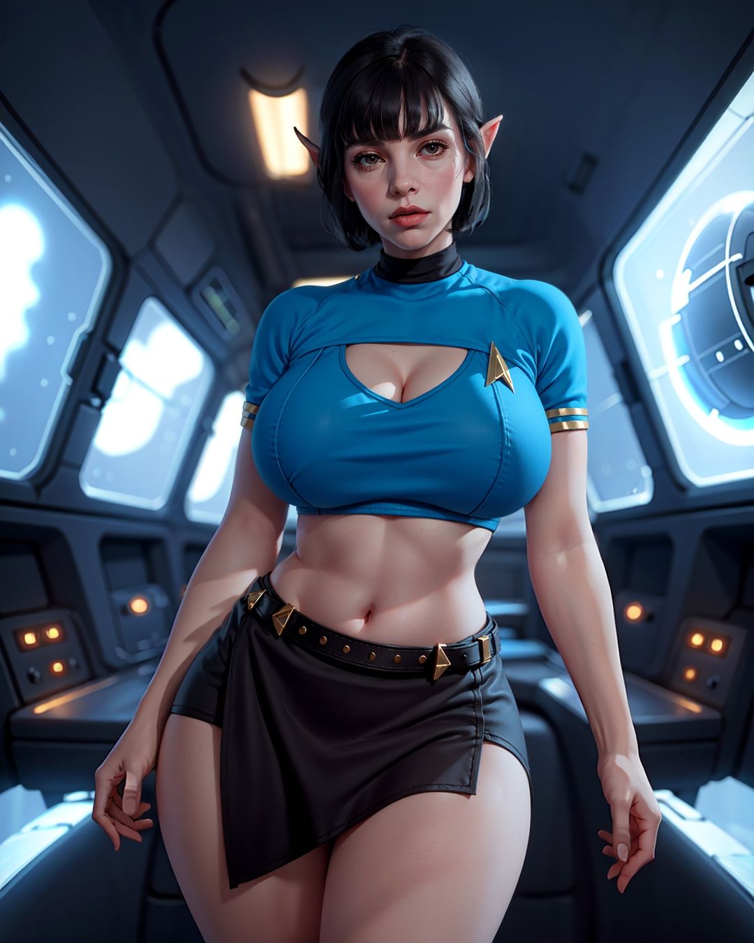 ai_generated big_ass big_breasts big_butt bob_cut cleavage_cutout communicator humanoid partially_clothed pointy_ears star_trek starfleet_insignia starfleet_uniform thick_ass thick_thighs vulcan_(species) wide_hips zaloran