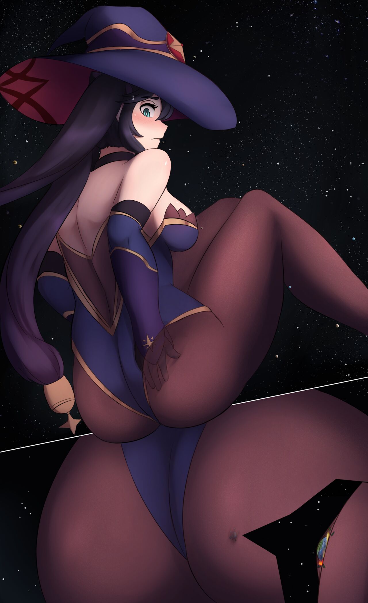 ass, charlydibulol, female, genshin impact, giantess, gigantic ass, mona (genshin impact), pantyhose, planet, planet destruction