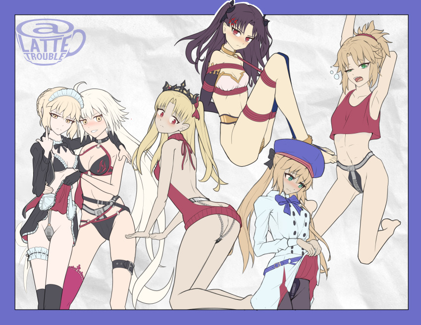 6girls armpits artoria_caster_(fate) artoria_pendragon_(alter_swimsuit_rider)_(fate) artoria_pendragon_(fate) ass ass_cleavage belt black_gloves black_hair black_pantyhose black_thighhighs blonde_hair blush bondage bound bow breasts butt_crack chastity chastity_belt clothes_lift collar elbow_gloves embarrassed ereshkigal_(fate) fate/grand_order fate_(series) female female_chastity female_only gloves green_eyes human ishtar_(fate) jeanne_alter lattetrouble lattetrouble_(pixiv) lifted_by_another lifted_by_self long_hair looking_at_viewer maid maid_headdress medium_breasts mordred_(fate) multiple_girls one_eye_closed open_mouth pantyhose parted_lips purple_bow purple_thighhighs red_eyes rope short_hair single_thighhigh skindentation skirt skirt_lift small_breasts stretching thigh_belt thigh_strap thighhighs upper_teeth_only very_long_hair virgin_killer_sweater yellow_eyes