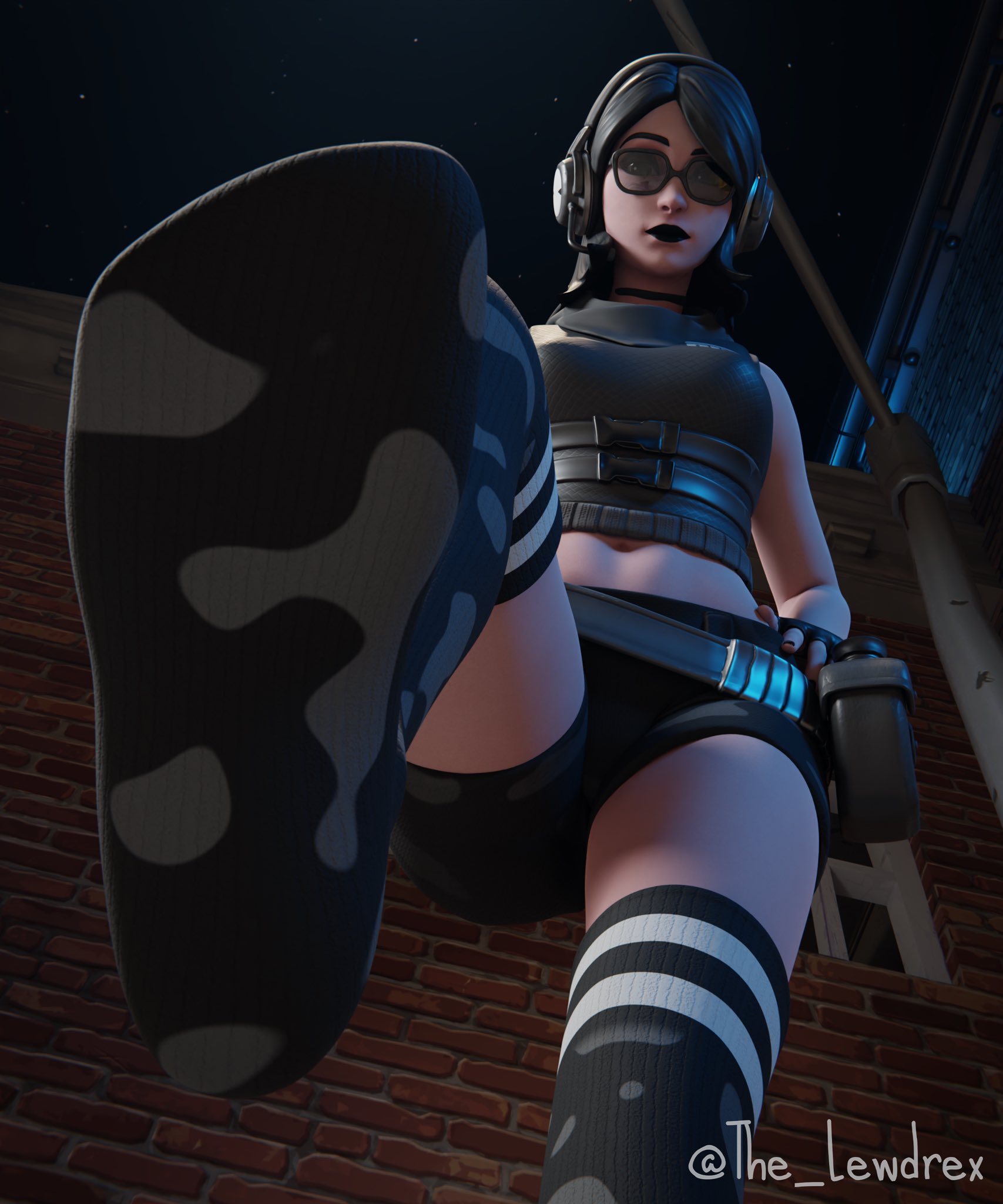 1girls, 3d, alternate version available, athletic, athletic female, black hair, black lipstick, blender, bottomwear, breasts, brick wall, clothed, clothing, detailed background, epic games, feet, female, female focus, female only, foot fetish, fortnite, glasses, goth, goth girl, headgear, headphones, headset, highres, jawbreaker (fortnite), legs up, legwear, lewdrex, light skin, light-skinned female, lipstick, long hair, long socks, looking at viewer, looking down, medium breasts, no shoes, outdoors, outside, partially clothed, presenting, presenting feet, shirt, shorts, small breasts, socks, soles, solo, solo focus, standing, stepped on, stockings, striped legwear, striped stockings, sunglasses, tinted eyewear, toes, topwear, vest, viewed from below, watermark