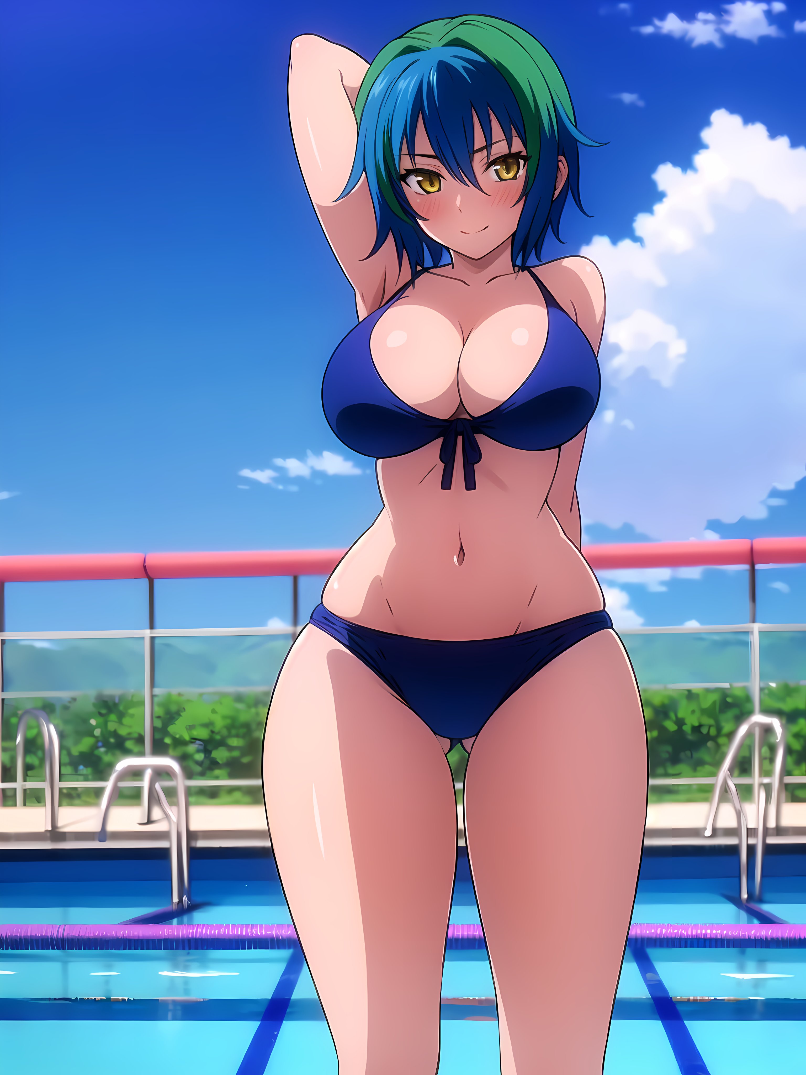 1girls, ai generated, arm behind back, arm behind head, armpits, big breasts, blue bikini, breasts, busty, cleavage, confident, female, high school dxd, large breasts, legs, looking at viewer, navel, pool, pose, posing, seductive, seductive smile, sensual, smile, thighs, voluptuous, water, xenovia quarta