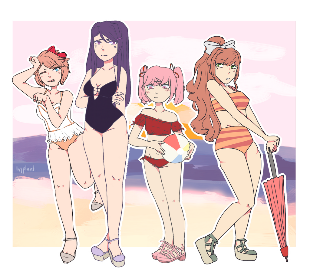 4girls 5_fingers :/ :i :| artist_name ball bathing_suit beach beach_ball blep blue_eyes blush bow breasts cannibalrot cleavage doki_doki_literature_club female female_only green_eyes hairbow hand_behind_back long_hair monika_(doki_doki_literature_club) multiple_girls natsuki_(doki_doki_literature_club) ocean one_eye_closed pink_eyes pink_hair purple_eyes purple_hair red_bow red_hair_bow red_hairbow sandals sayori_(doki_doki_literature_club) shoes strawberry_blonde_hair thick_thighs thighs tongue tongue_out transparent_background umbrella water yuri_(doki_doki_literature_club)