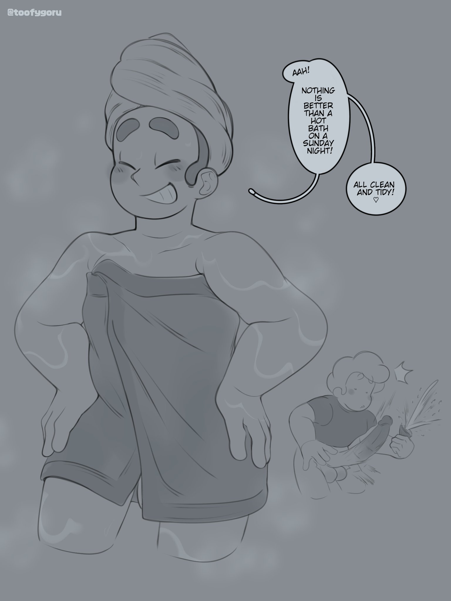 2023, 2boys, after shower, artist name, balls, big penis, black and white, blush, bottomless, cartoon network, chad steven, closed eyes, dialogue, english text, erection, flaccid, front view, gay, gem (species), genitals, greyscale, hair, hands on hips, happy, heart, hi res, huge cock, human, humanoid, large penis, long penis, looking at another, male, male only, male/male, monochrome, multiple boys, multiple males, muscular, muscular male, penis, penis peek, selfcest, shirt, short hair, smile, smiling, speech bubble, standing, steam, steaming body, steamy, steven quartz universe, steven universe, steven universe future, surprised, t-shirt, talking, talking to self, teeth, testicles, text, thick eyebrows, thighs, toofygoru, toony, topwear, towel, towel on head, towel only, towel wrap, wet body, wet skin, yaoi, young